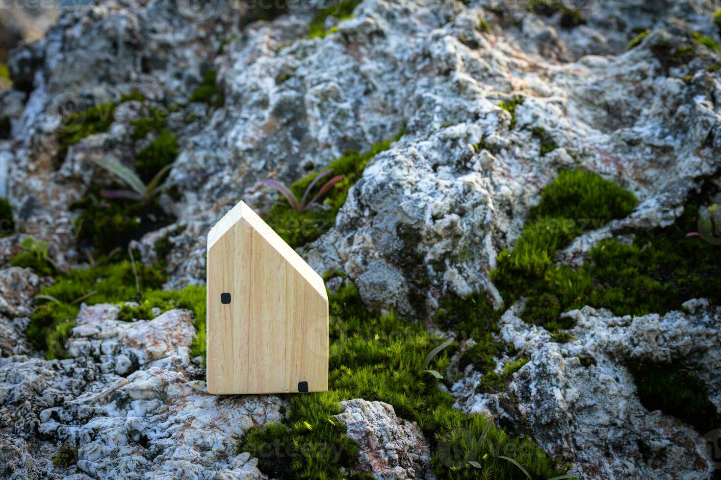 miniature house on rock up over blurred green garden on day noon light.Image for property real estate investment concept. Image for Love couple concept. photo