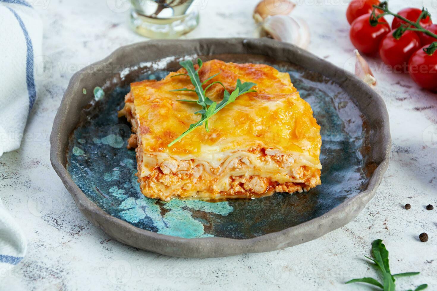 Meat lasagna with bolognese sauce and bechamel sauce. Classic lasagna photo
