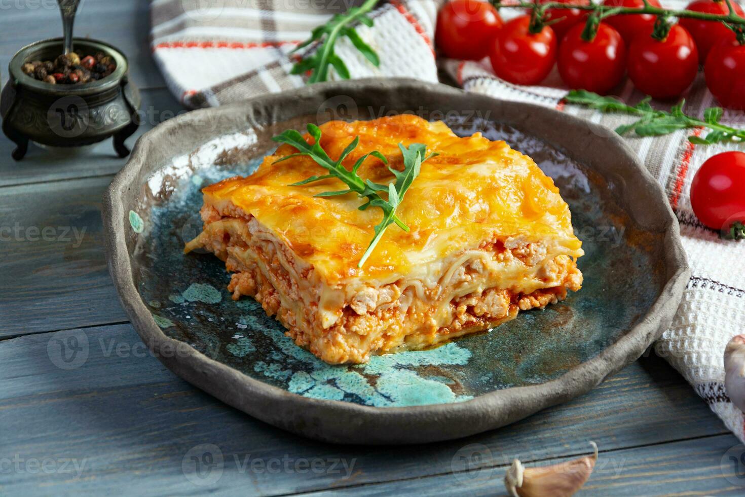 Meat lasagna with bolognese sauce and bechamel sauce. Classic lasagna photo