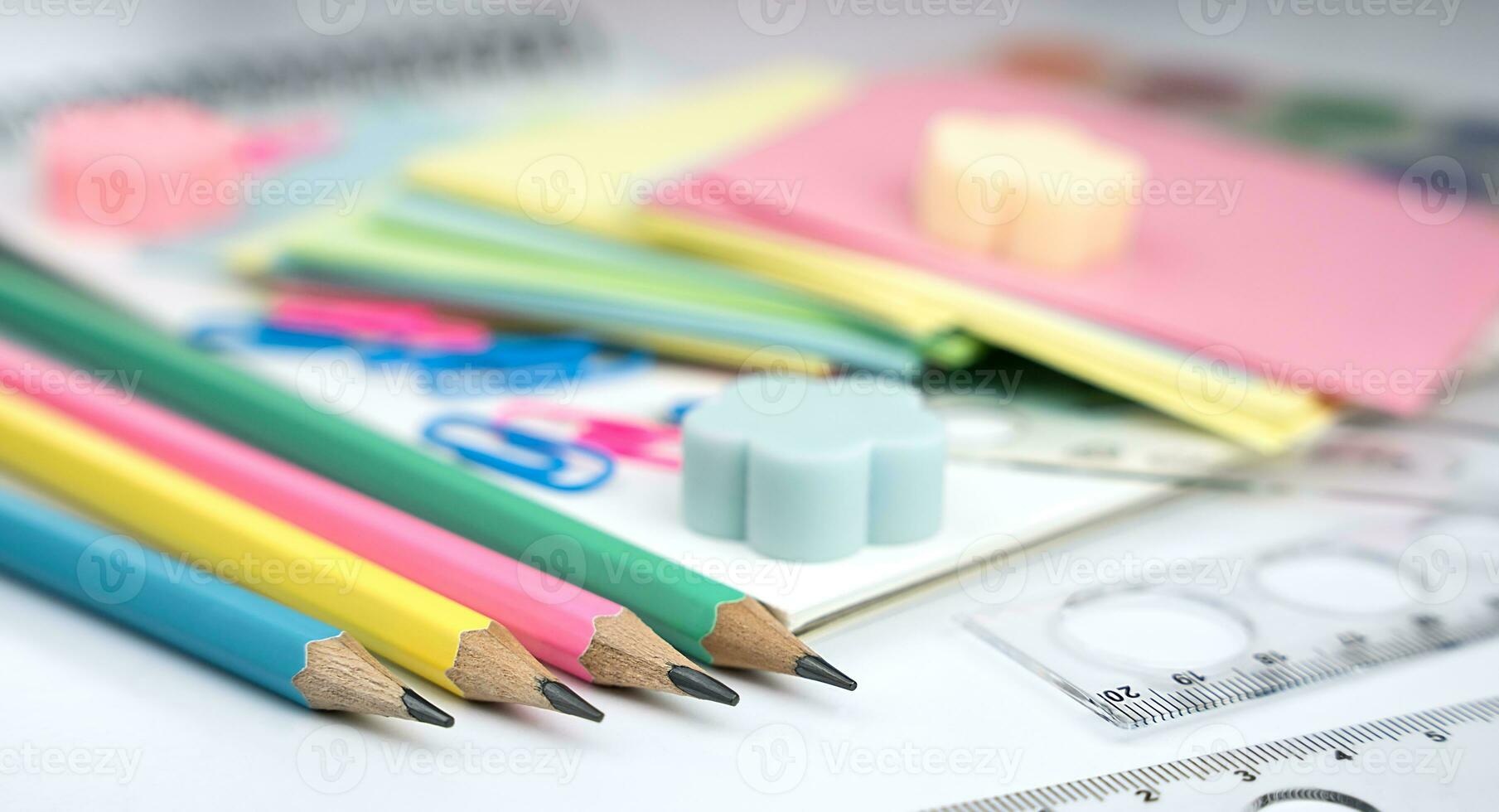 Back to school. School stationery on the table. Close-up. Selective focus. photo