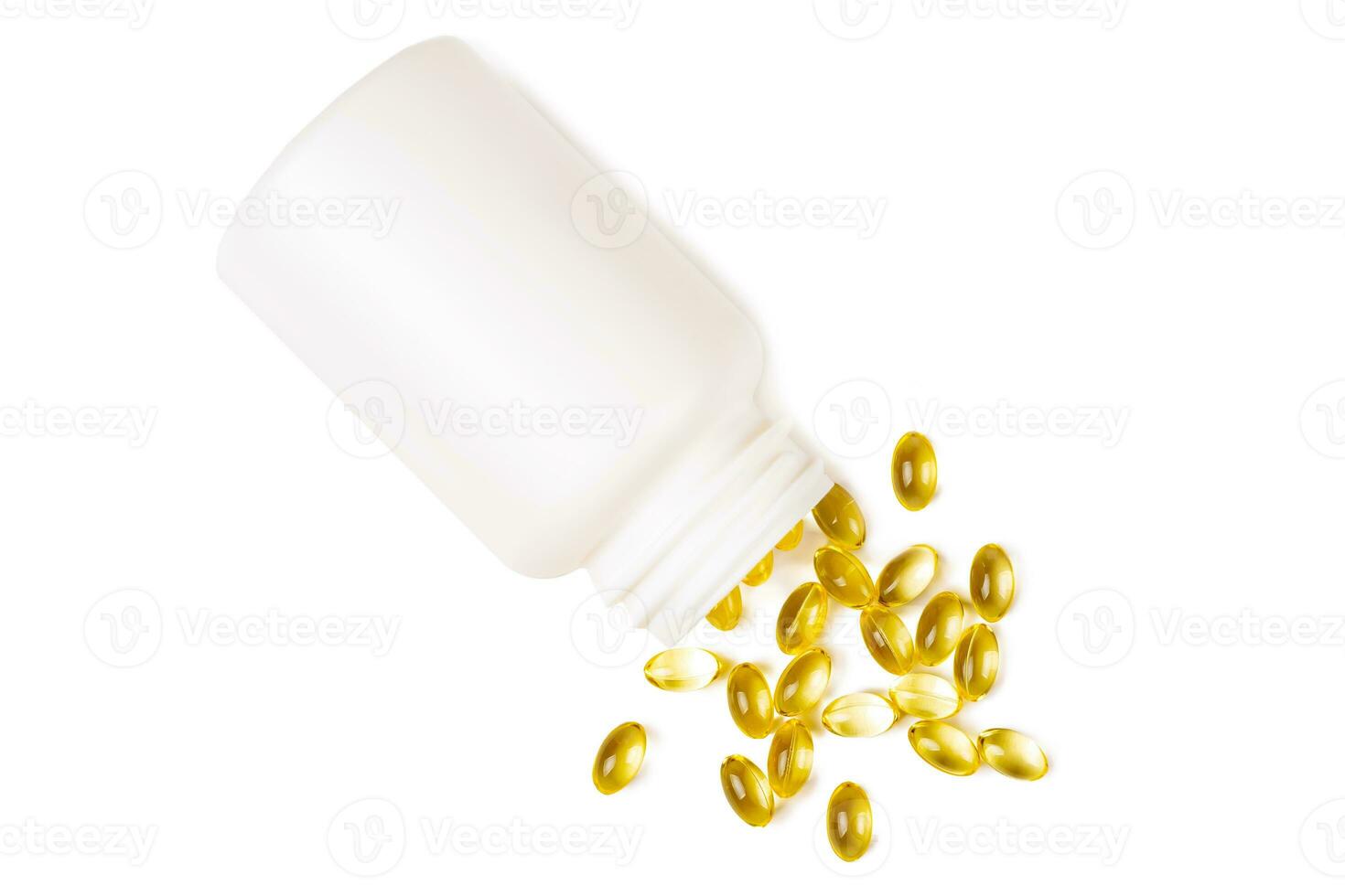Vitamin D3, omega 3 fish oil supplement softgel capsules in bottle, isolated on white background photo