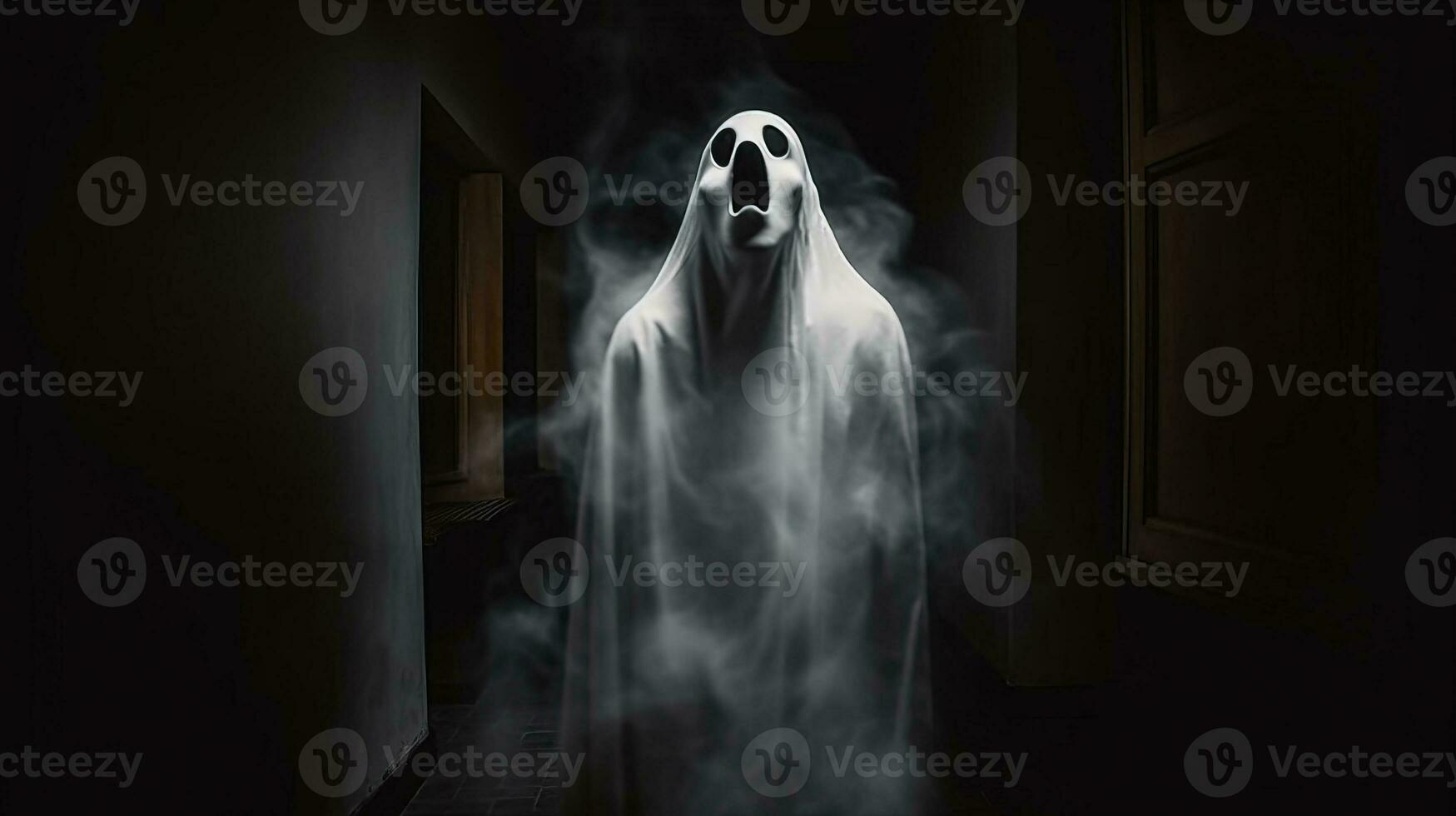 Halloween ghost in spooky empty house, dark mysterious background. AI generated. photo