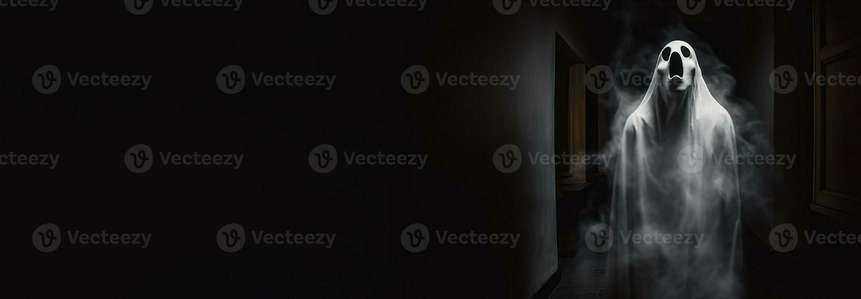 Halloween ghost in spooky empty house, dark mysterious background. AI generated. photo