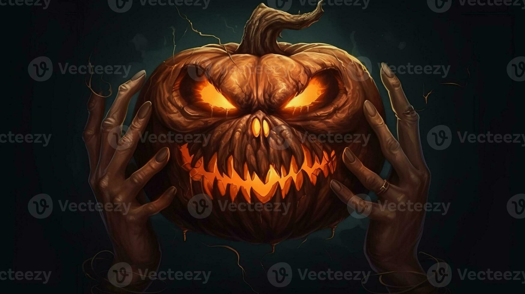 Halloween scary pumpkin with fire, dark background. AI generated. photo