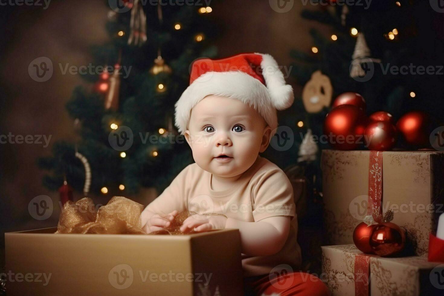 Cute baby in a red Santa hat with gift box on Christmas tree background. AI generated photo