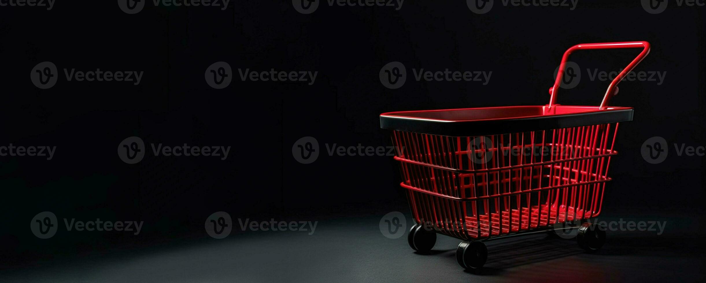 Red shopping cart on black background. Black Friday and Cyber Monday concept. AI generated. photo