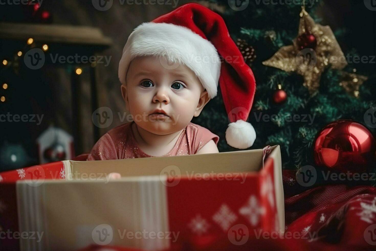 Cute baby in a red Santa hat with gift box on Christmas tree background. AI generated photo