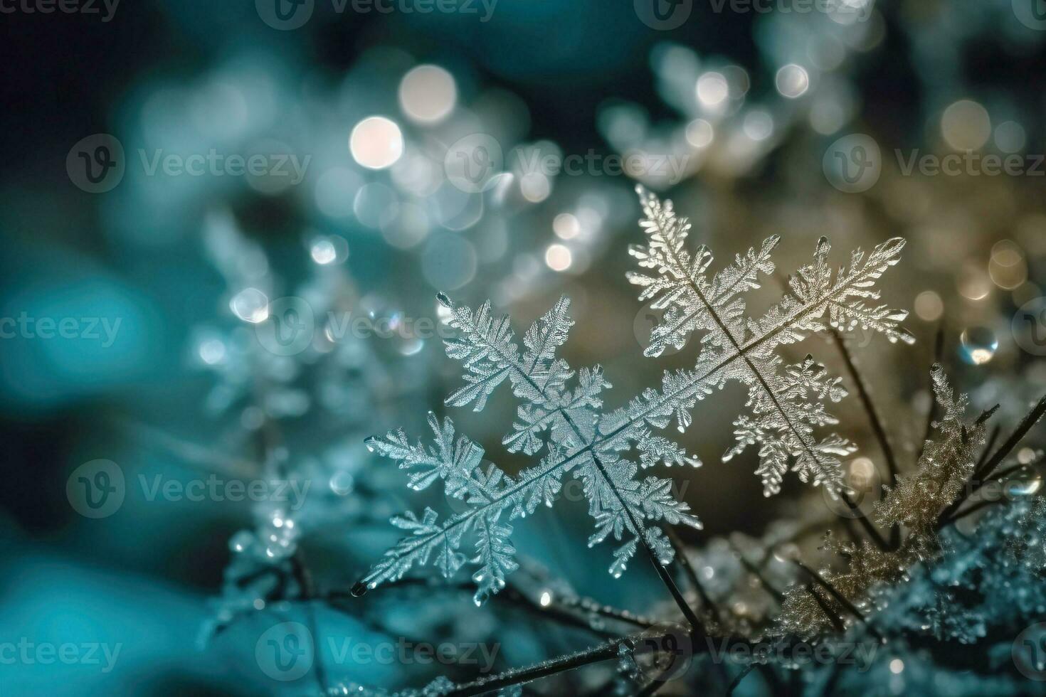 Crystal of snowflake macro on snow background in sunny day. Beautiful ice crystals during frost in winter. AI generated photo