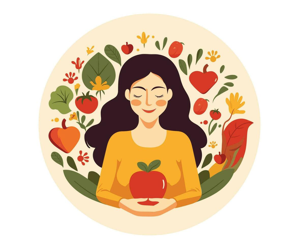 A woman sitting with flowers, vegetables, and fruits illustration vector