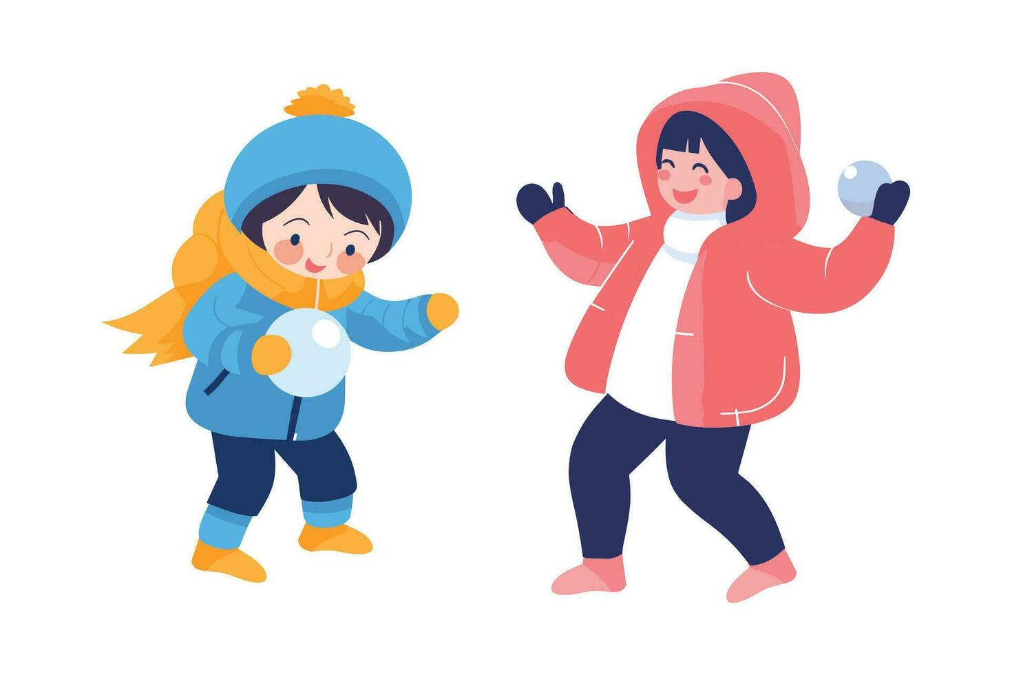 Kids playing a snowball in flat color illustration vector