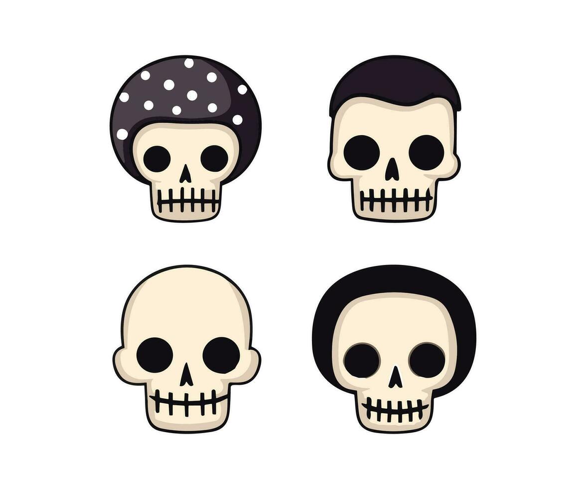 Halloween cute skull ghost character set illustration vector