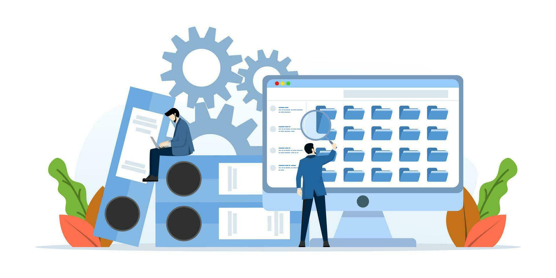 File search concept. Worker searches for files. employee uses a magnifying glass. File binder, blue folder with documents. File manager, data storage and indexing. flat vector illustration.