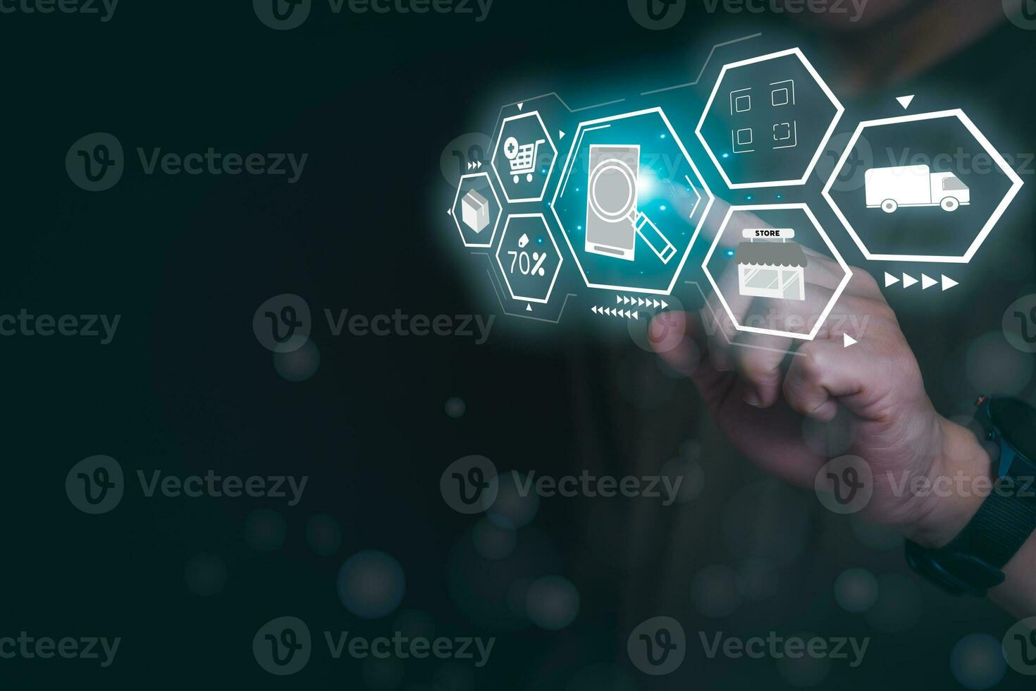 planning and strategy progress or success Man's hand touching a virtual reality screen in shopping through the internet, online trading, searching for information, and online marketing photo
