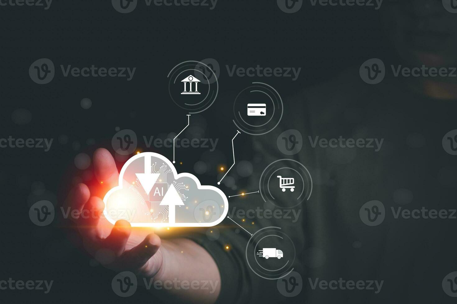planning and strategy progress or success Man's hand touching a virtual reality screen in shopping through the internet, online trading, searching for information, and online marketing photo