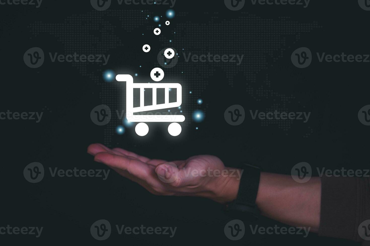 planning and strategy, business growth, progress or success concept, shopping cart is displayed as a virtual hologram on male hand, online shopping, information search, marketing online photo