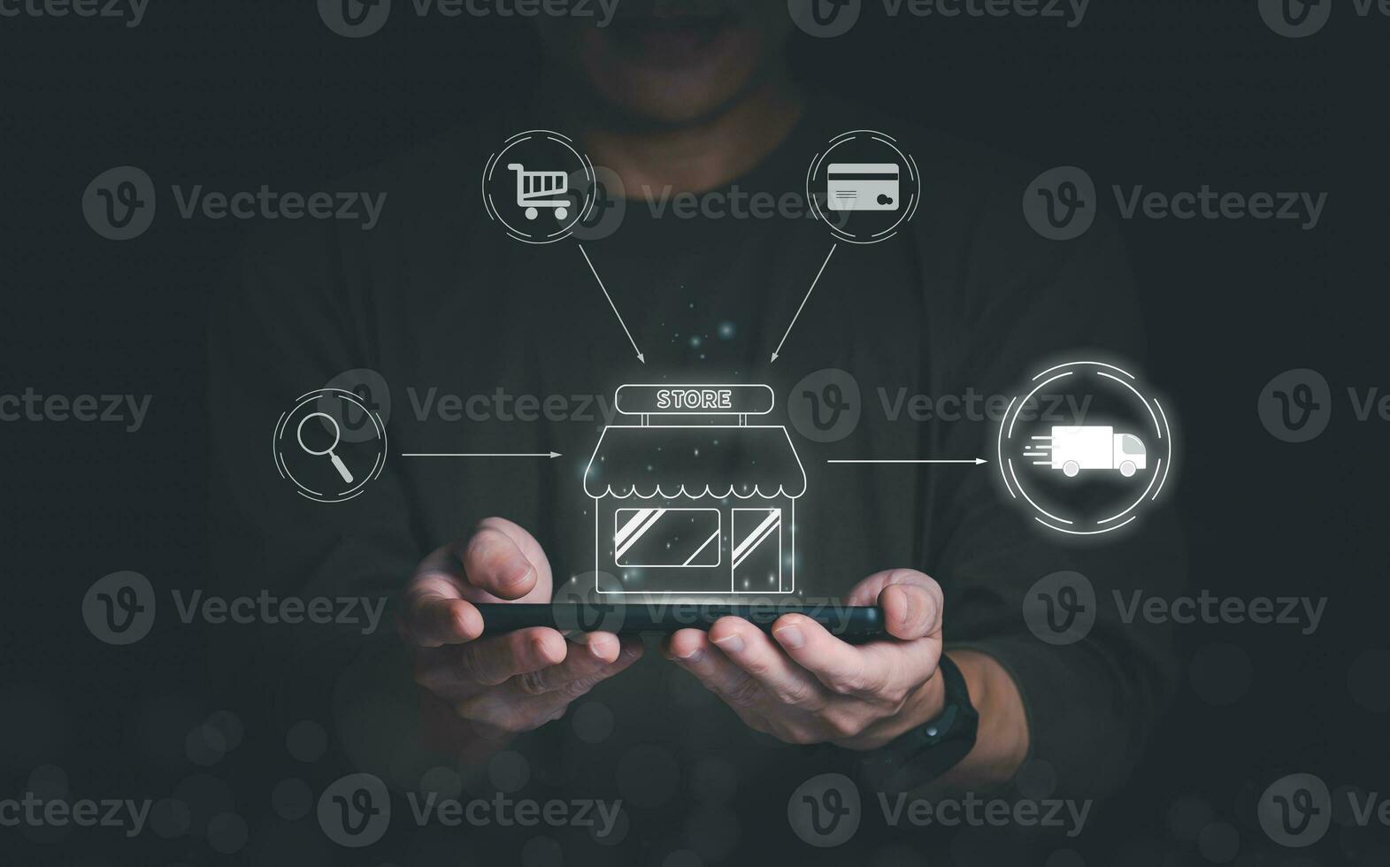 Planning and strategy, business growth, progress or success concept, the man using smartphone showing online shopping process virtual hologram, online trading, information search, online marketing photo