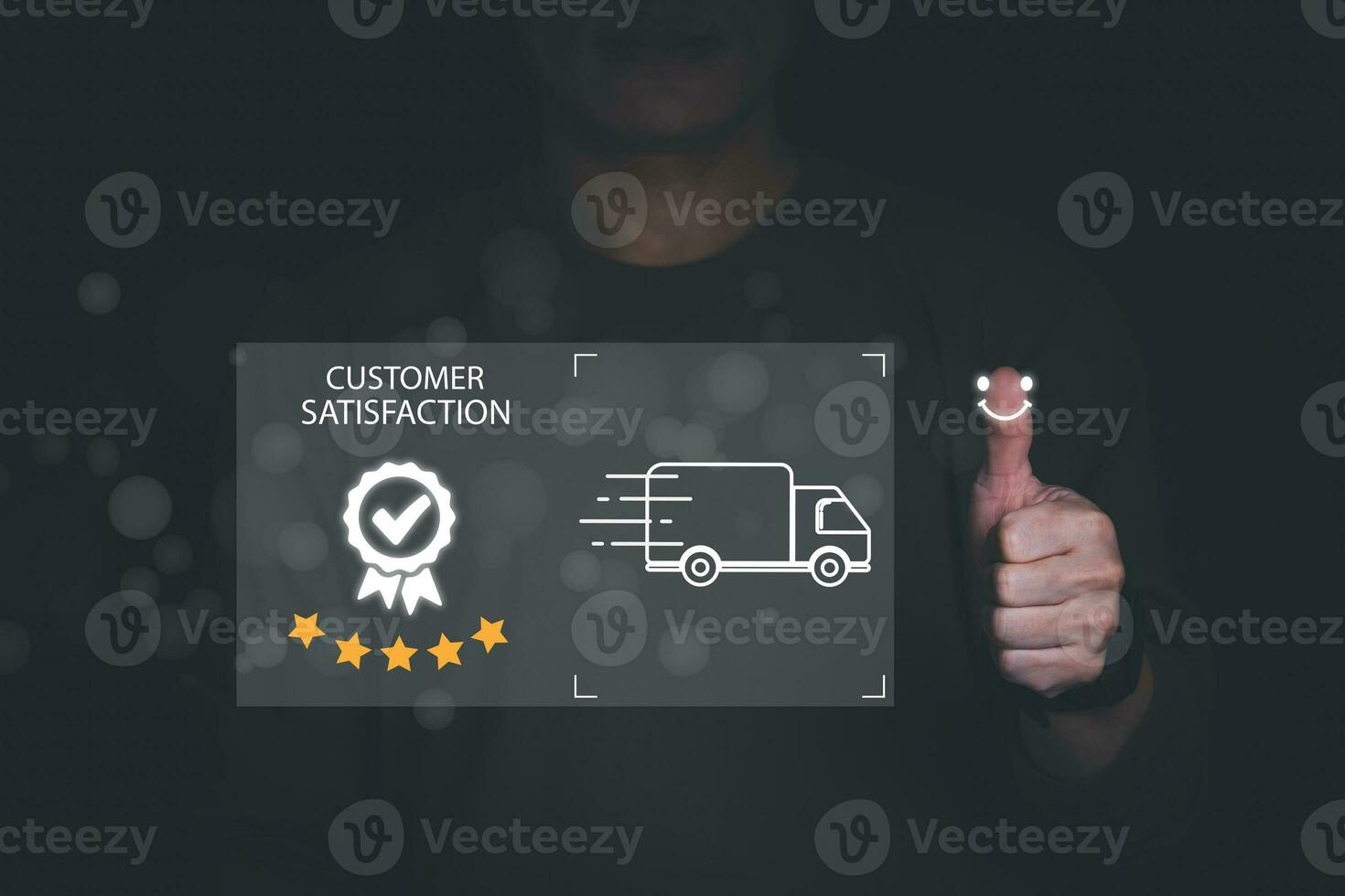 Satisfaction survey and customer service concept, businessman using smartphones To answer questionnaires about shipping services And give satisfaction ratings, give five-star satisfaction ratings. photo