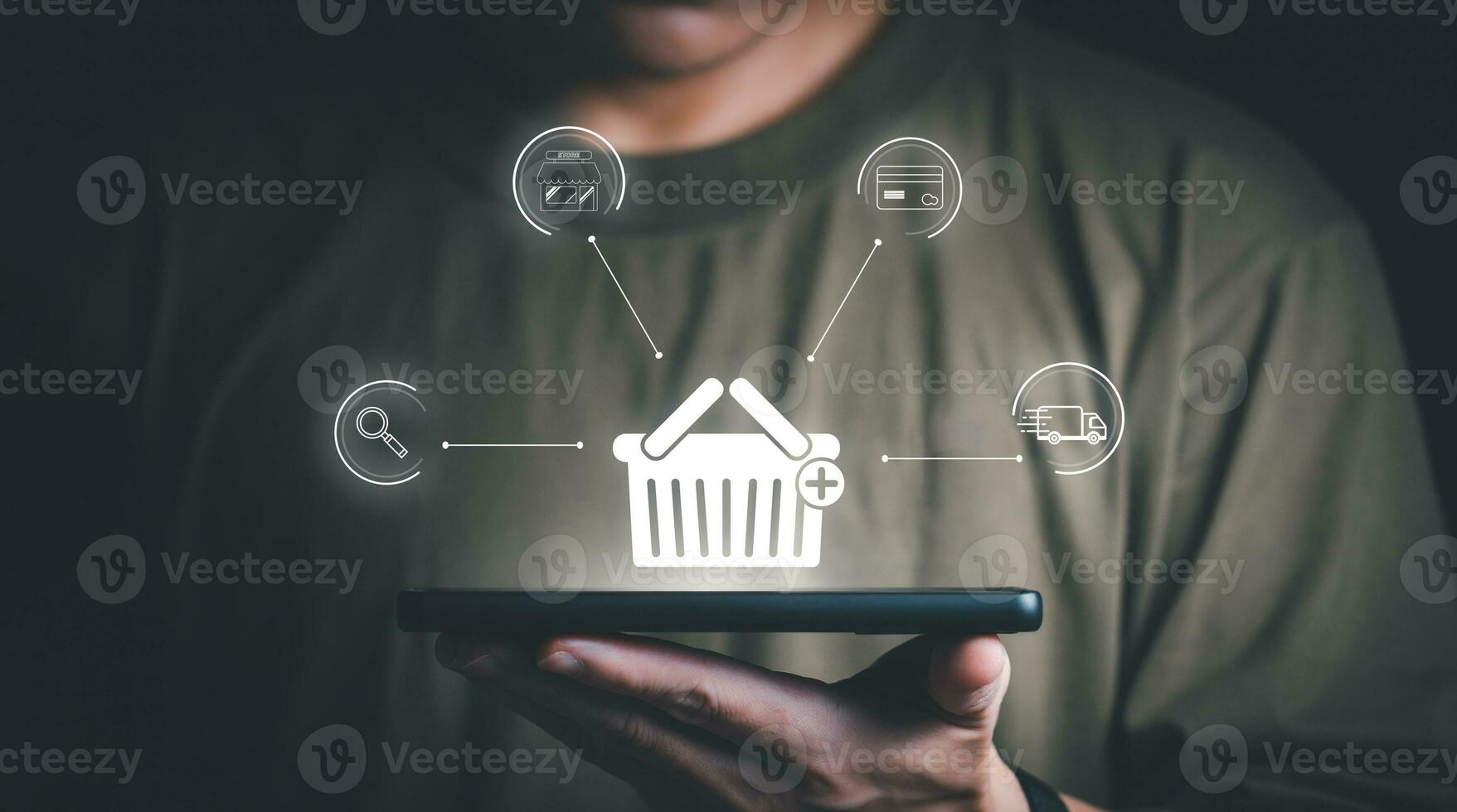 planning and strategy, progress or success concept, shopping cart, and online shopping process Being displayed as a virtual hologram on mobile, online trading, information search, online marketing. photo