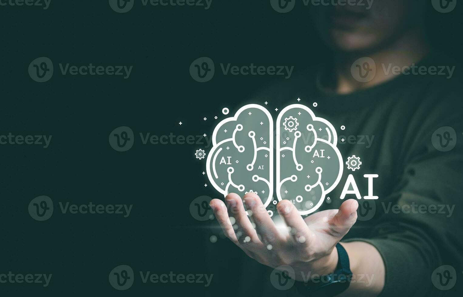 future AI technology and data management concept, businessman showing data displayed by ai through his hand virtual reality, internet of things, big data, automated operations, data storage photo