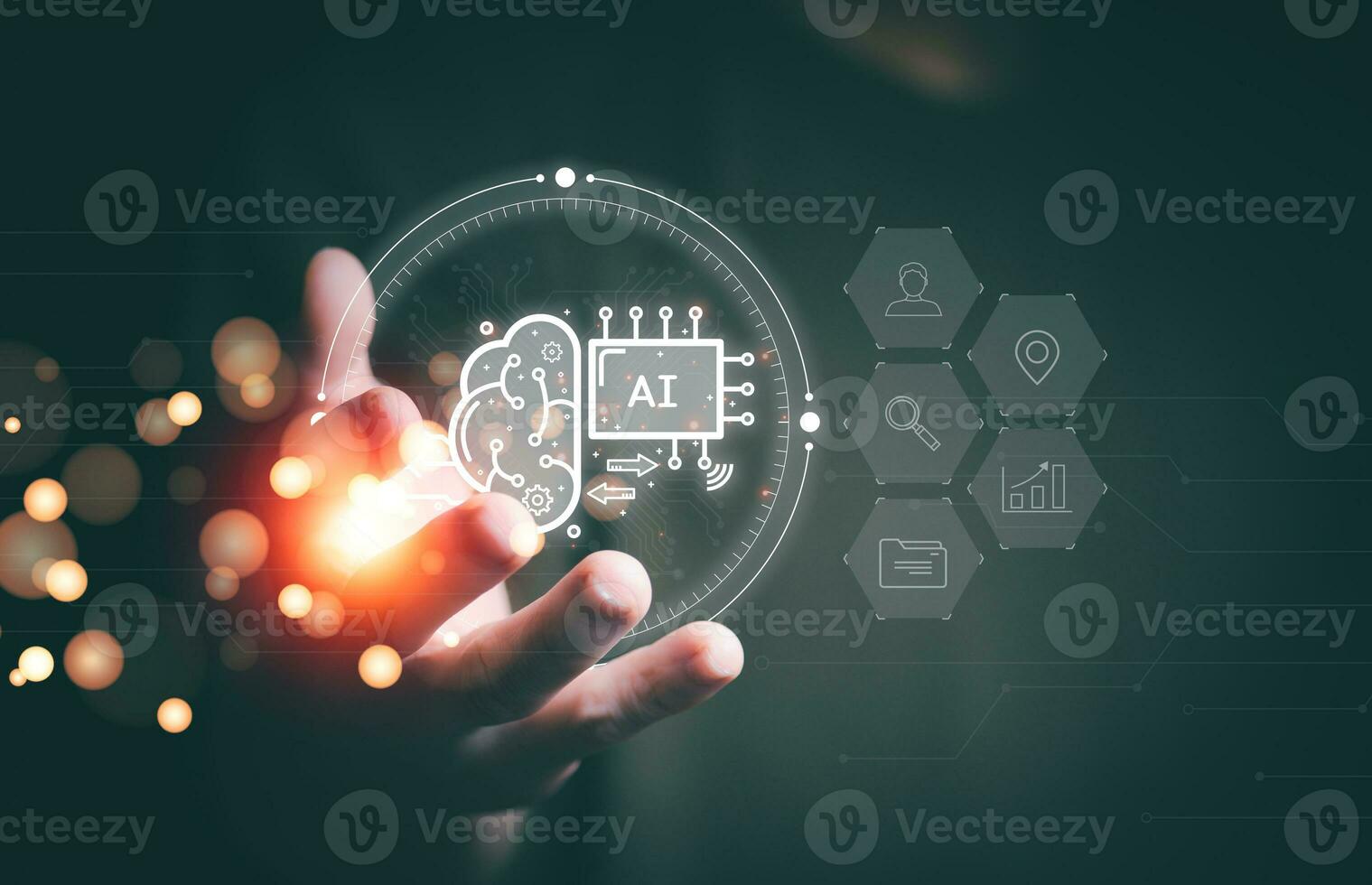 future AI technology and data management concept, businessman showing data displayed by ai through his hand virtual reality, internet of things, big data, automated operations, data storage photo
