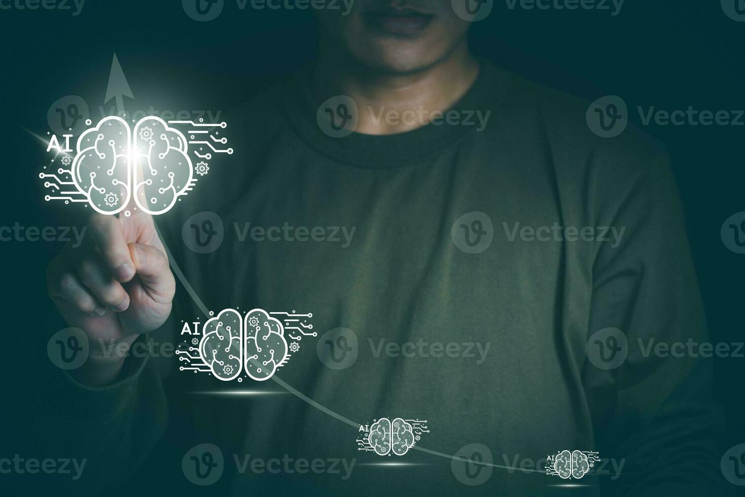 future AI technology and data management concept, businessman showing data displayed by ai through his hand virtual reality, internet of things, big data, automated operations, data storage photo