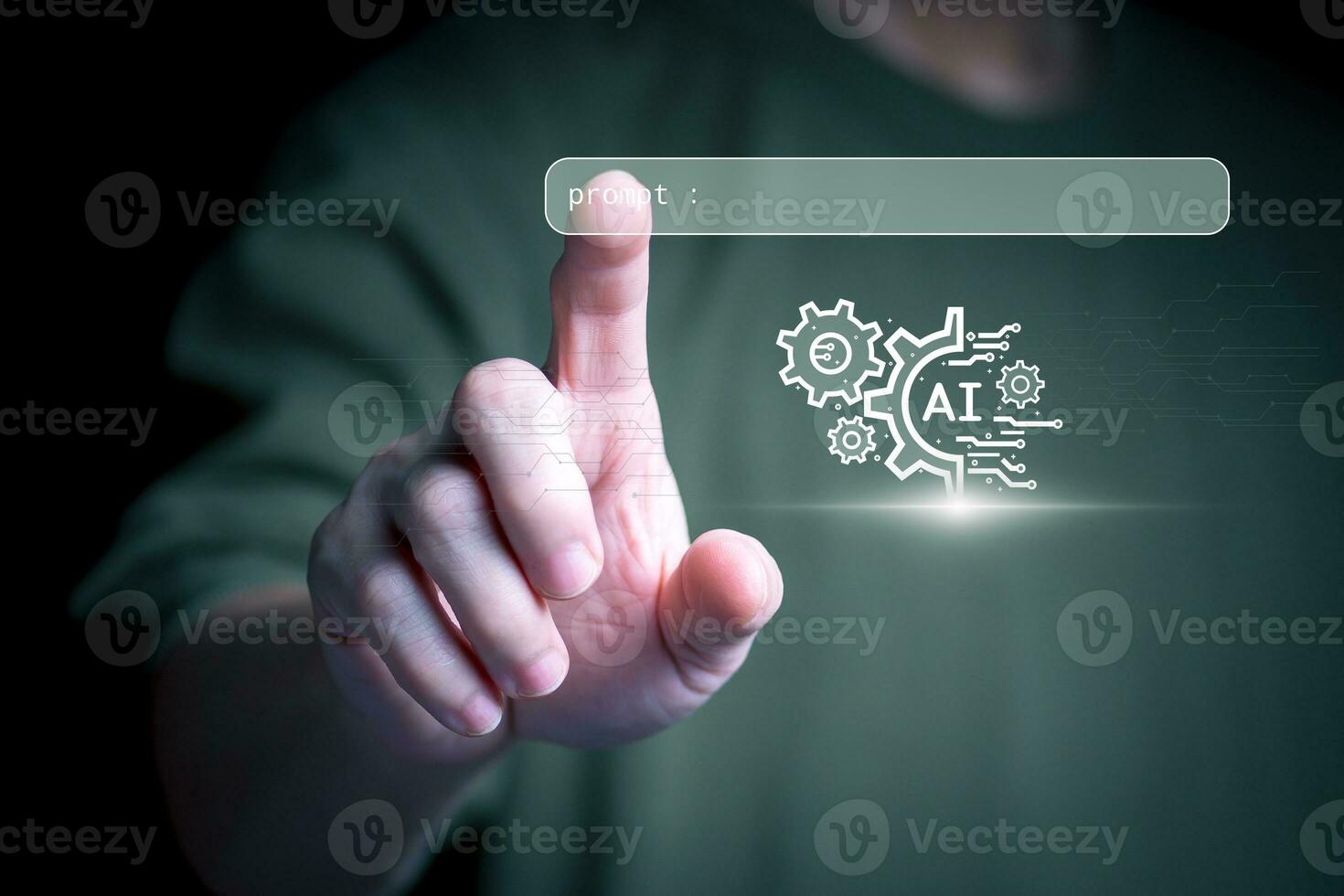 the person touching the virtual screen to use input commands ai, digital transformation management concept Internet of Things, Big Data, Automated Operations, Various Storage, Data Search photo