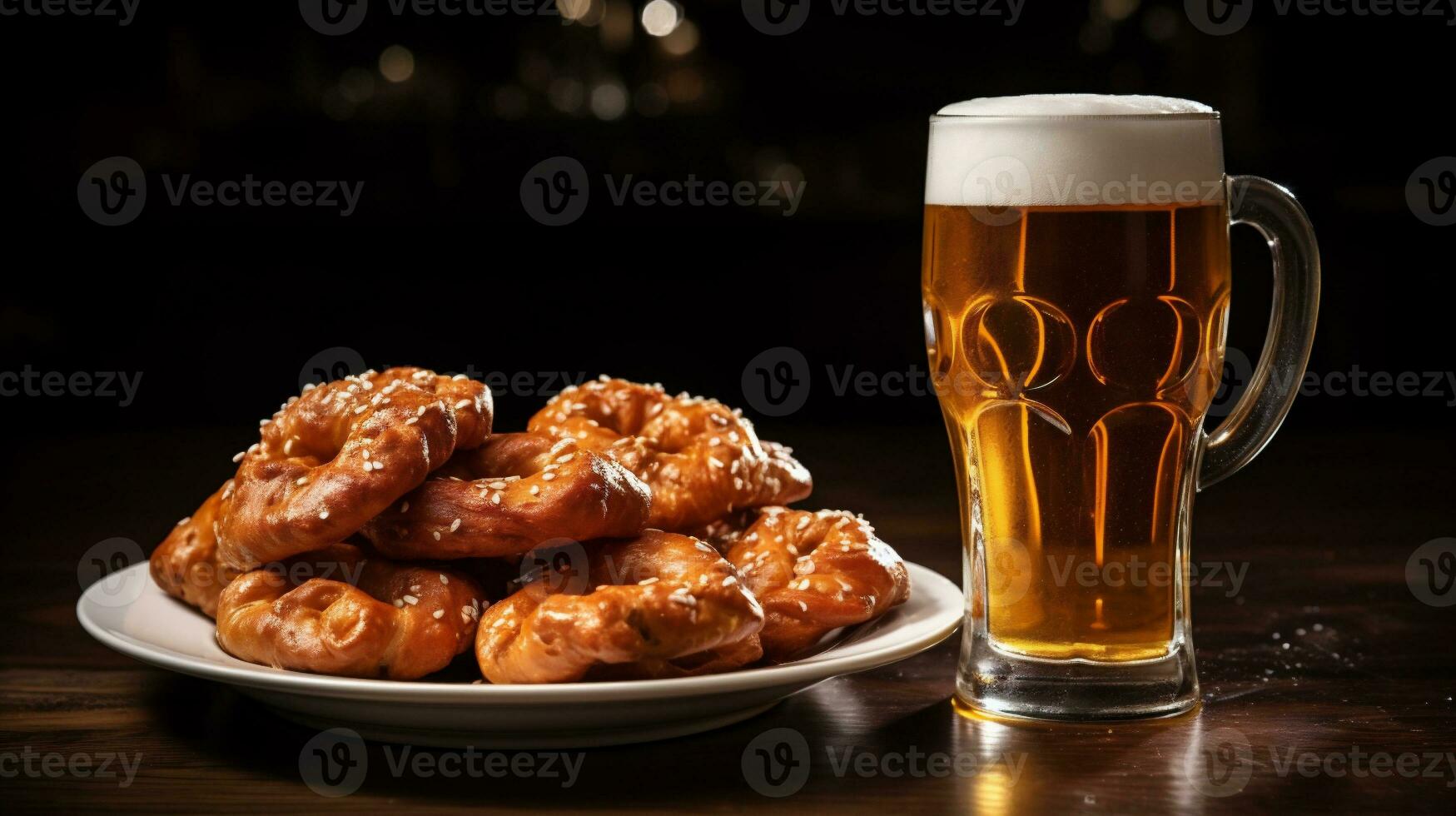 Oktoberfest beer mug and pretzel on a wooden table. AI Generative photo
