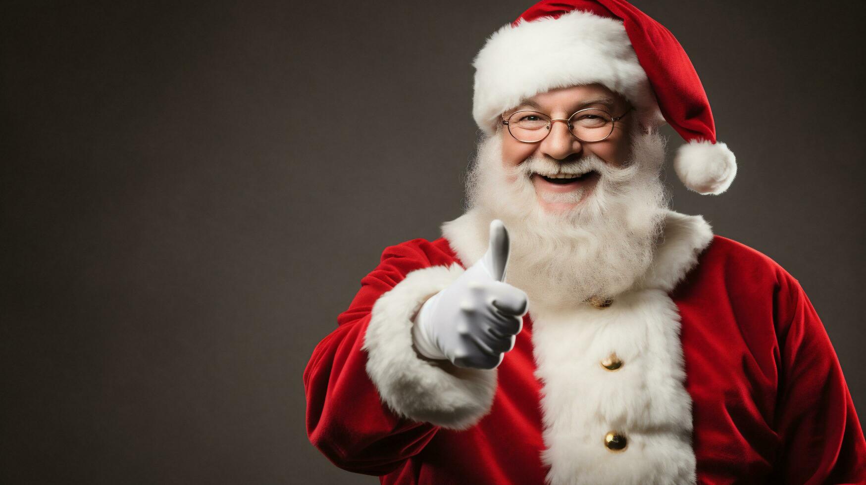 Portrait of happy Santa Claus showing thumbs up gesture on dark background. AI Generative photo