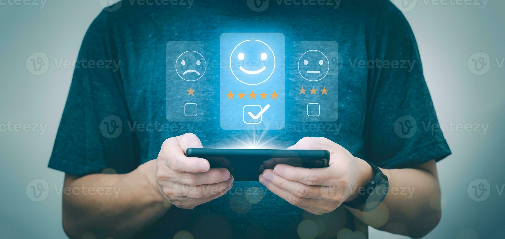 Customer services best excellent business rating experience. Satisfaction survey concept. user gives ratings to service experience on the online application, online marketing, and business processes. photo