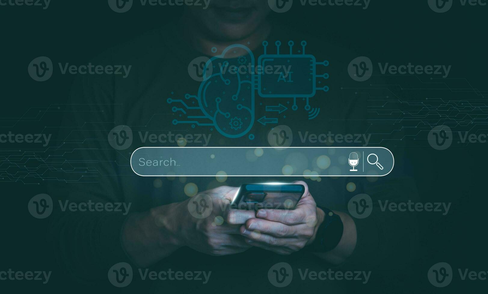Information search technology, search engine optimization, male hand using a smartphone to search information, using search bar function on your website, Big Data photo