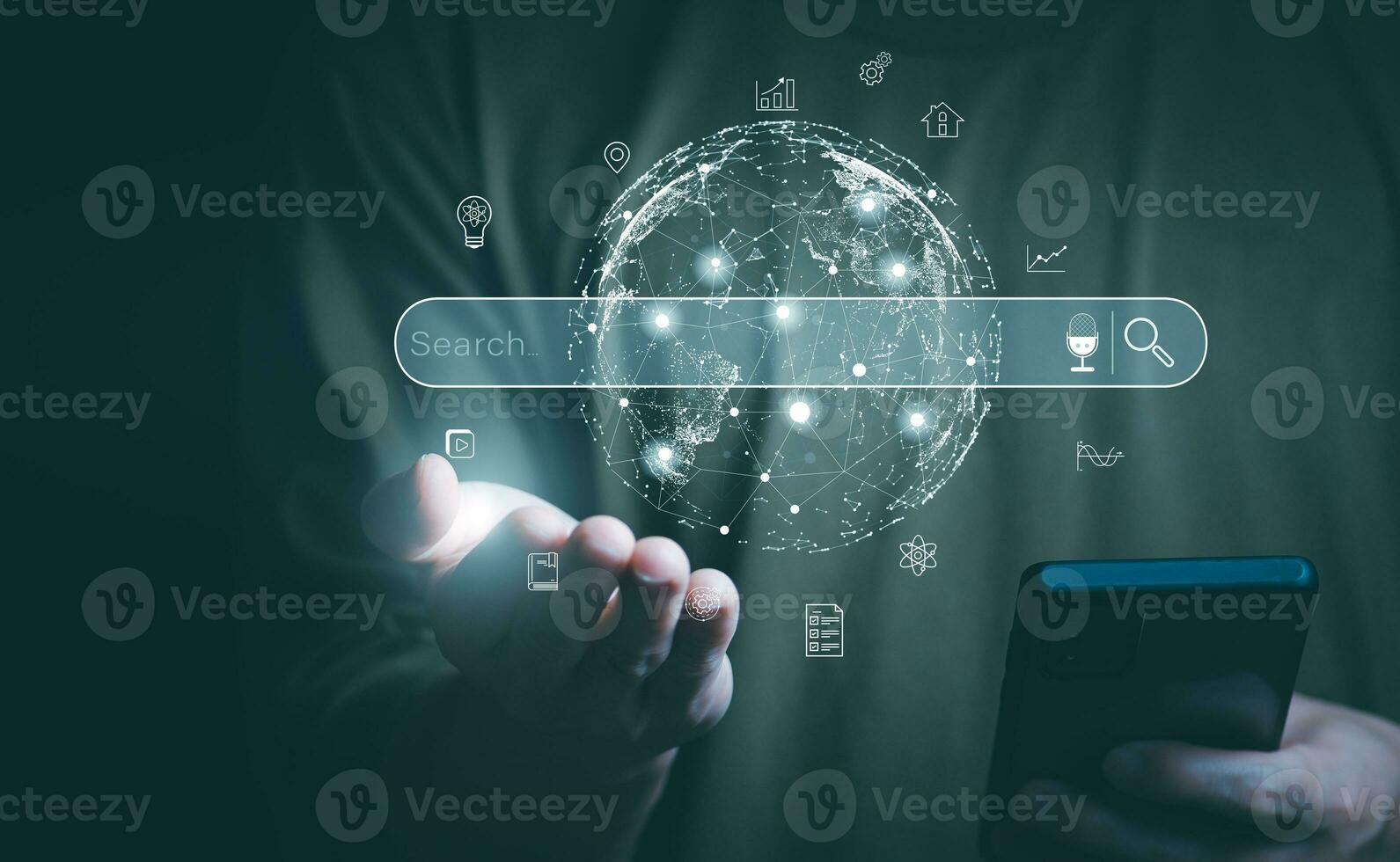 Information search technology, search engine optimization, male hand using a smartphone to search information, using search bar function on your website, Big Data photo