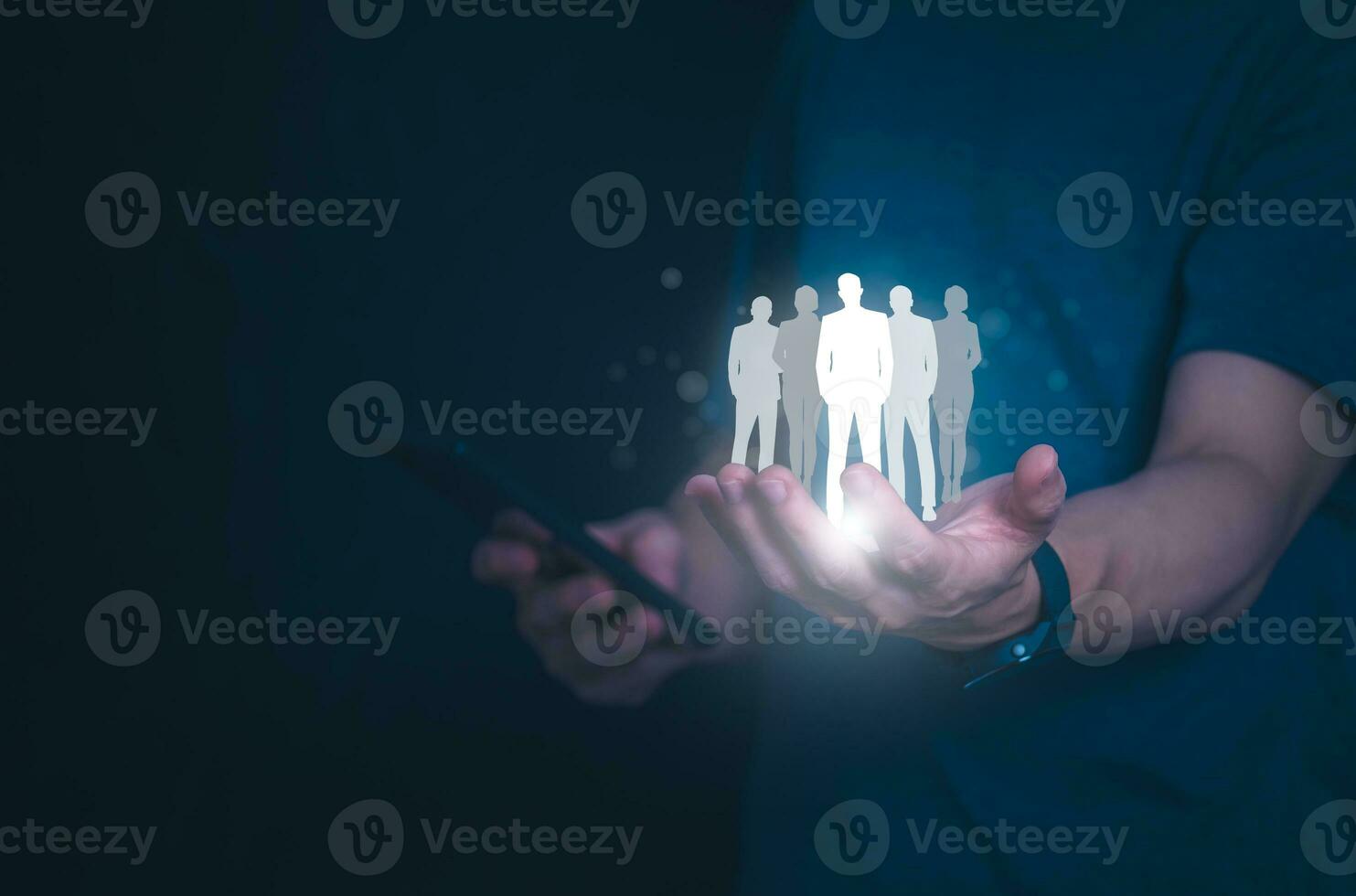 Businessman showing clients on holographic global network structure and the exchange of information, the concept of connecting information around the world with technology internet, digital marketing photo