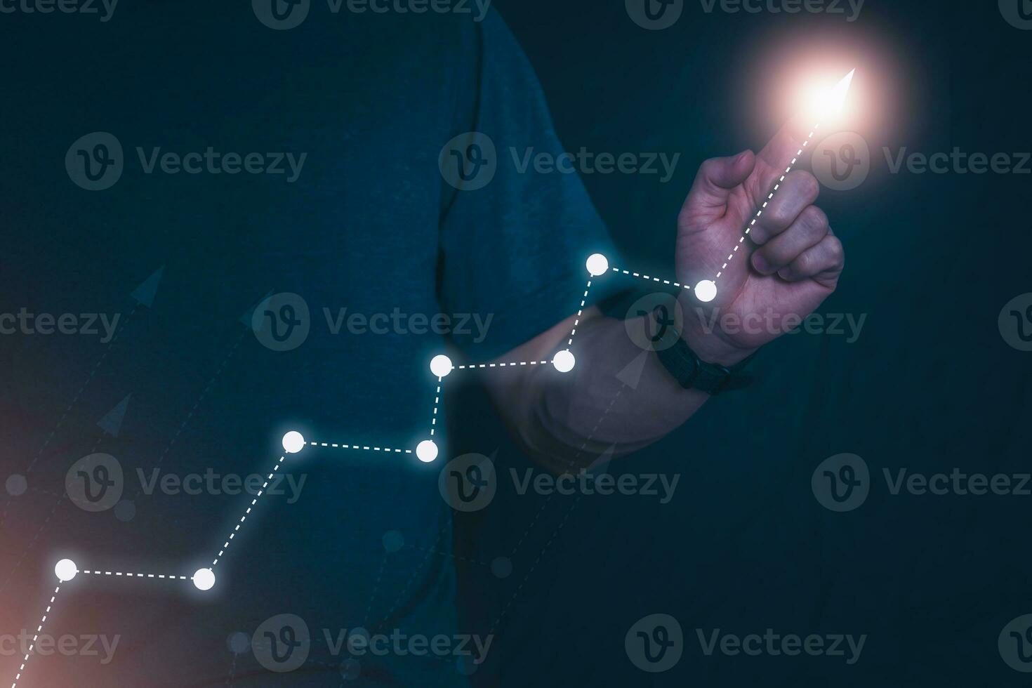 Businessman showing goal and continuous business growth, investment funds in the stock market, and digital assets, analyzing stock chart financial data. and forex trading, digital marketing photo
