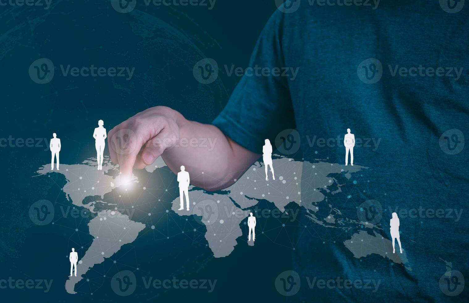 Businessman showing clients on holographic global network structure and the exchange of information, the concept of connecting information around the world with technology internet, digital marketing photo