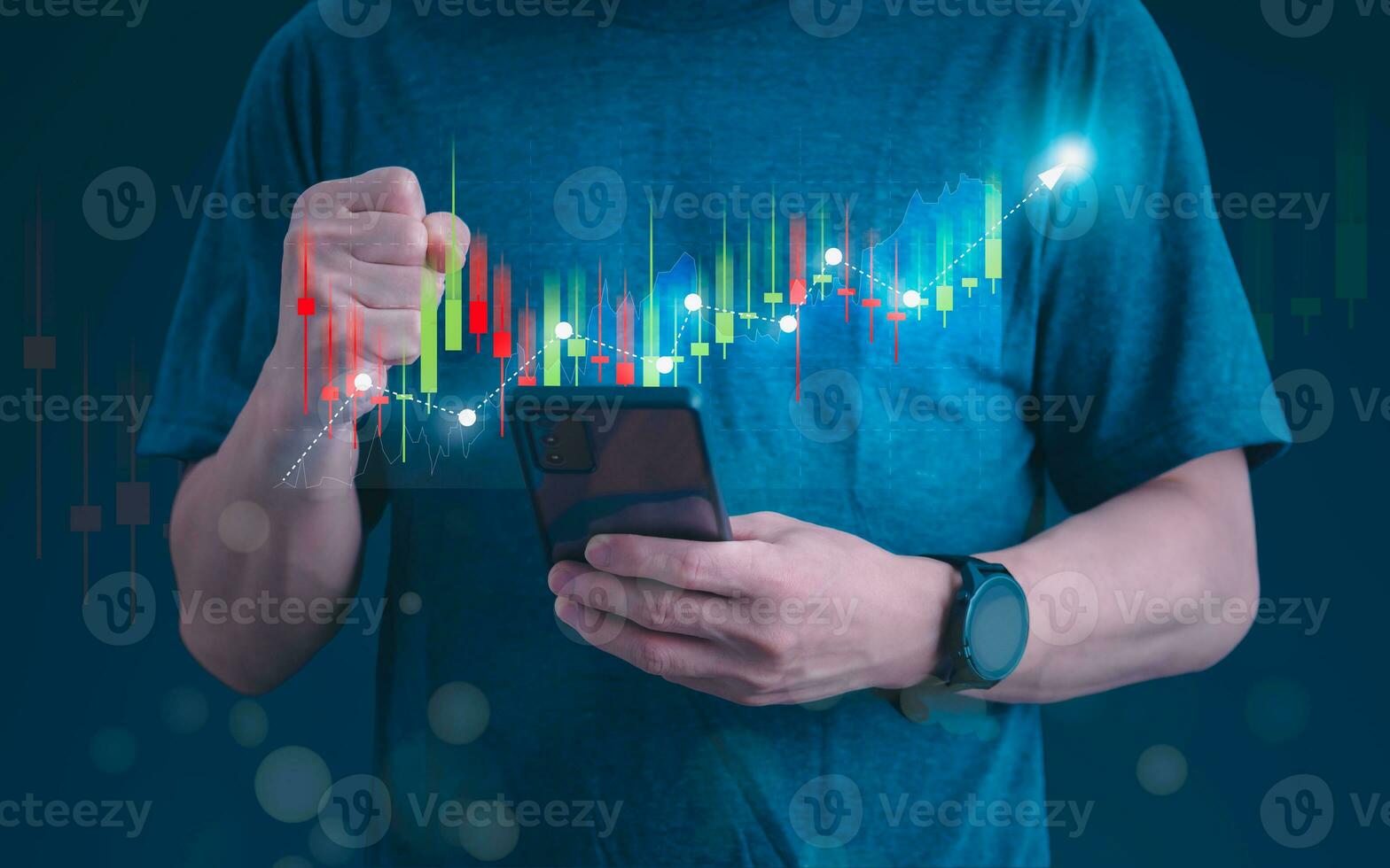 Businessman showing a stock graph and continuous business growth, investment funds in the short stock market and digital assets, analyzing stock chart financial data and forex trading. photo