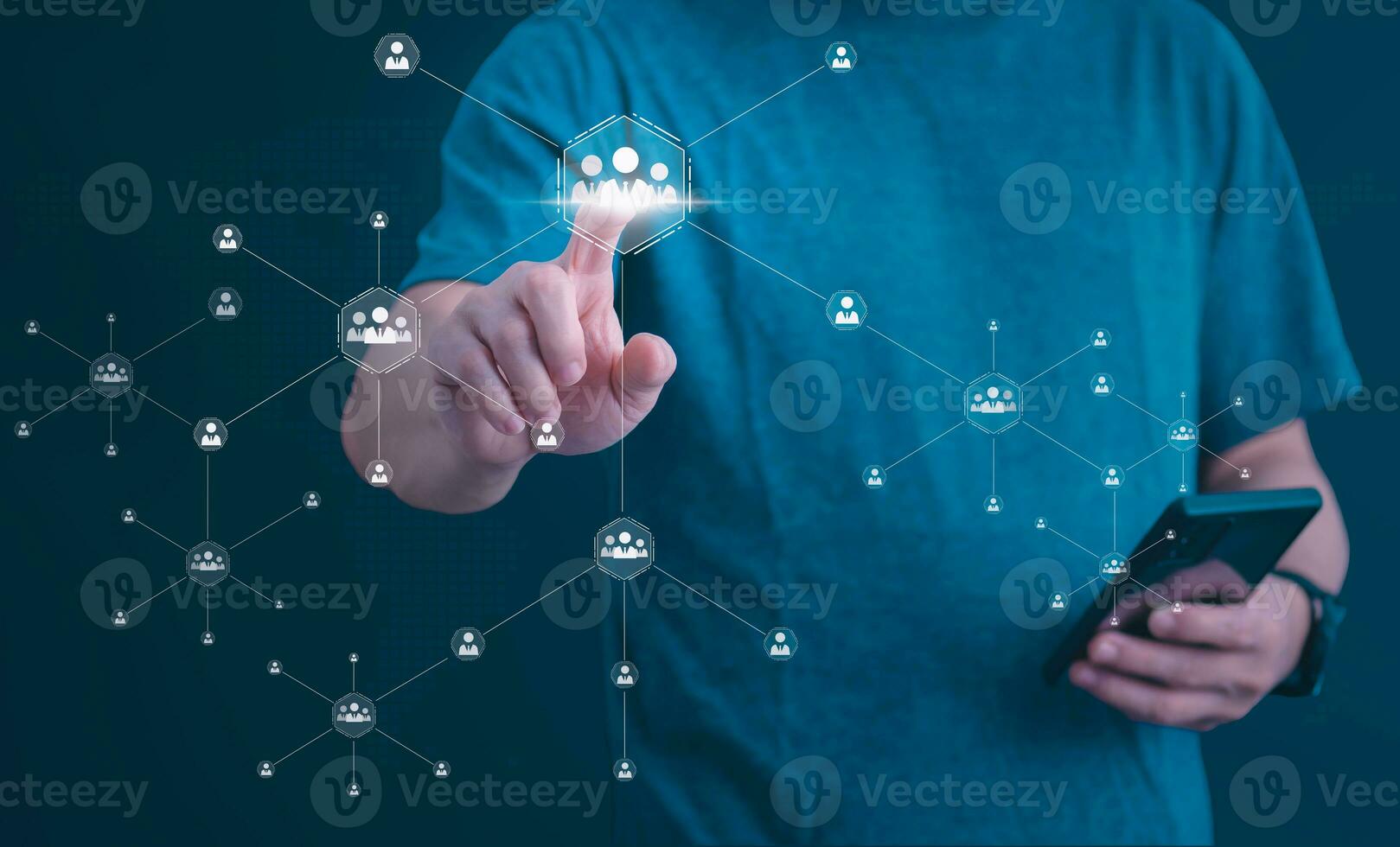 Businessman showing clients on holographic global network structure and the exchange of information, the concept of connecting information around the world with technology internet, digital marketing photo