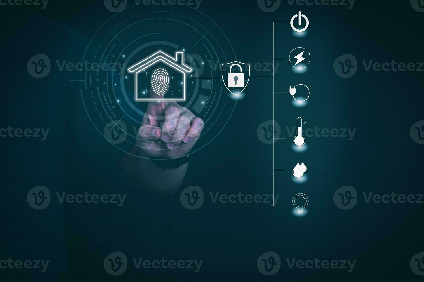 Man using a smartphone, controlling an intelligent home automation system Futuristic interface on a virtual screen Automation technology of things, concept Data connection with technology internet. photo