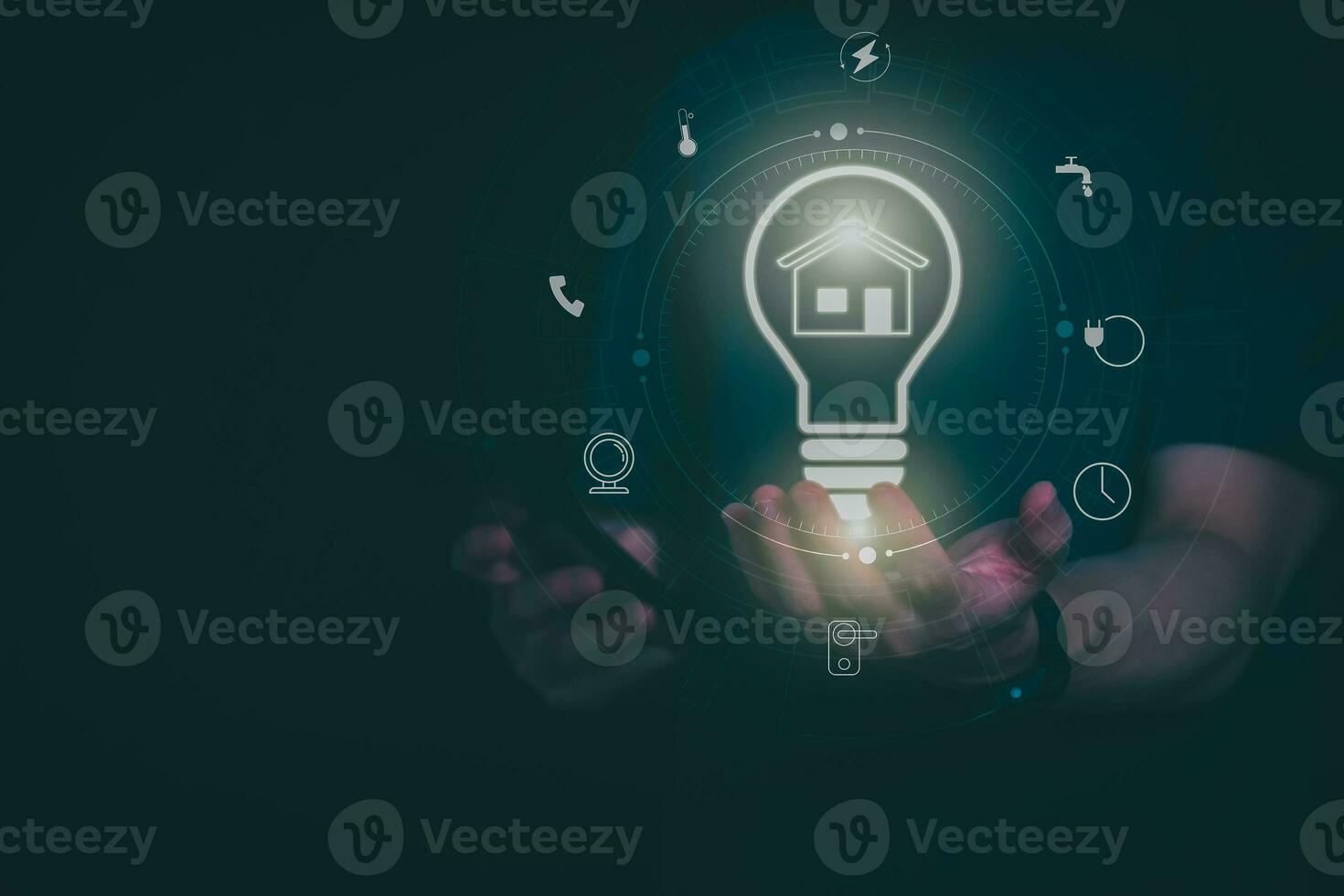 Man using a smartphone, controlling an intelligent home automation system Futuristic interface on a virtual screen Automation technology of things, concept Data connection with technology internet. photo