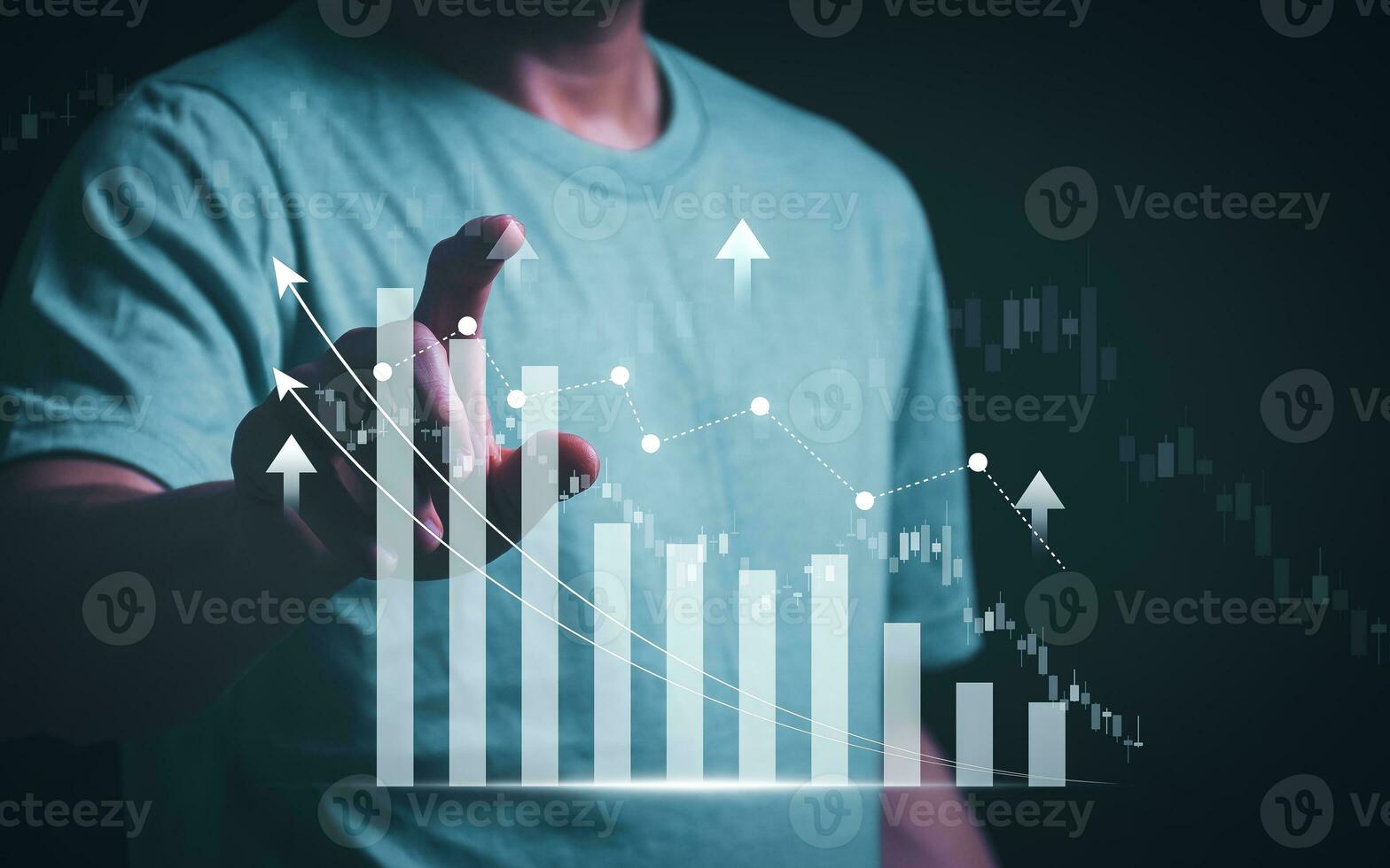 Planning and strategy, stock market, business growth, progress or success concept, businessman or trader showing growing virtual holographic stocks, invest in stock market trading or digital assets photo