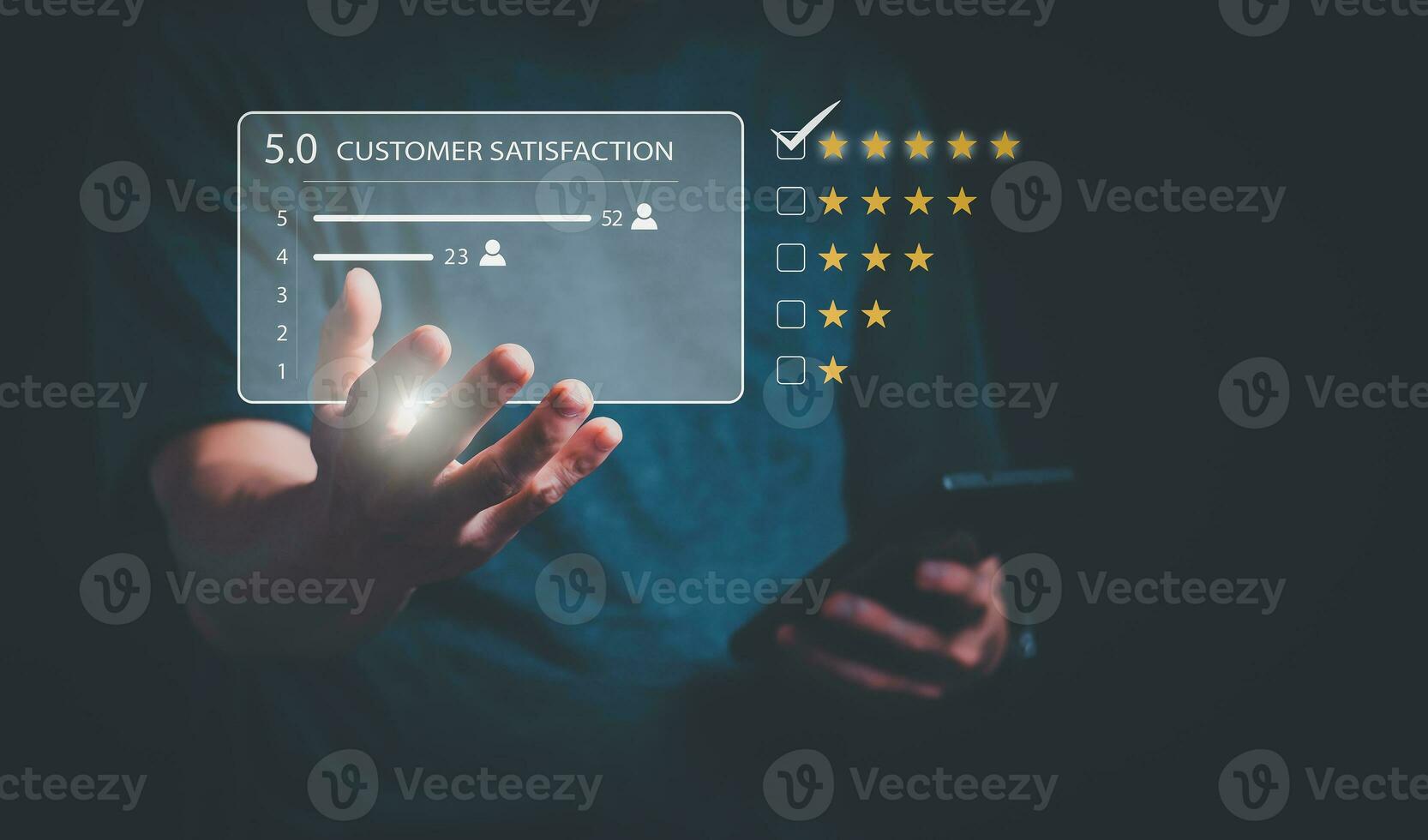 Satisfaction survey concept and customer service, using digital media technology, questionnaire, and rating satisfaction, rating satisfaction five stars, searching for information, online marketing photo