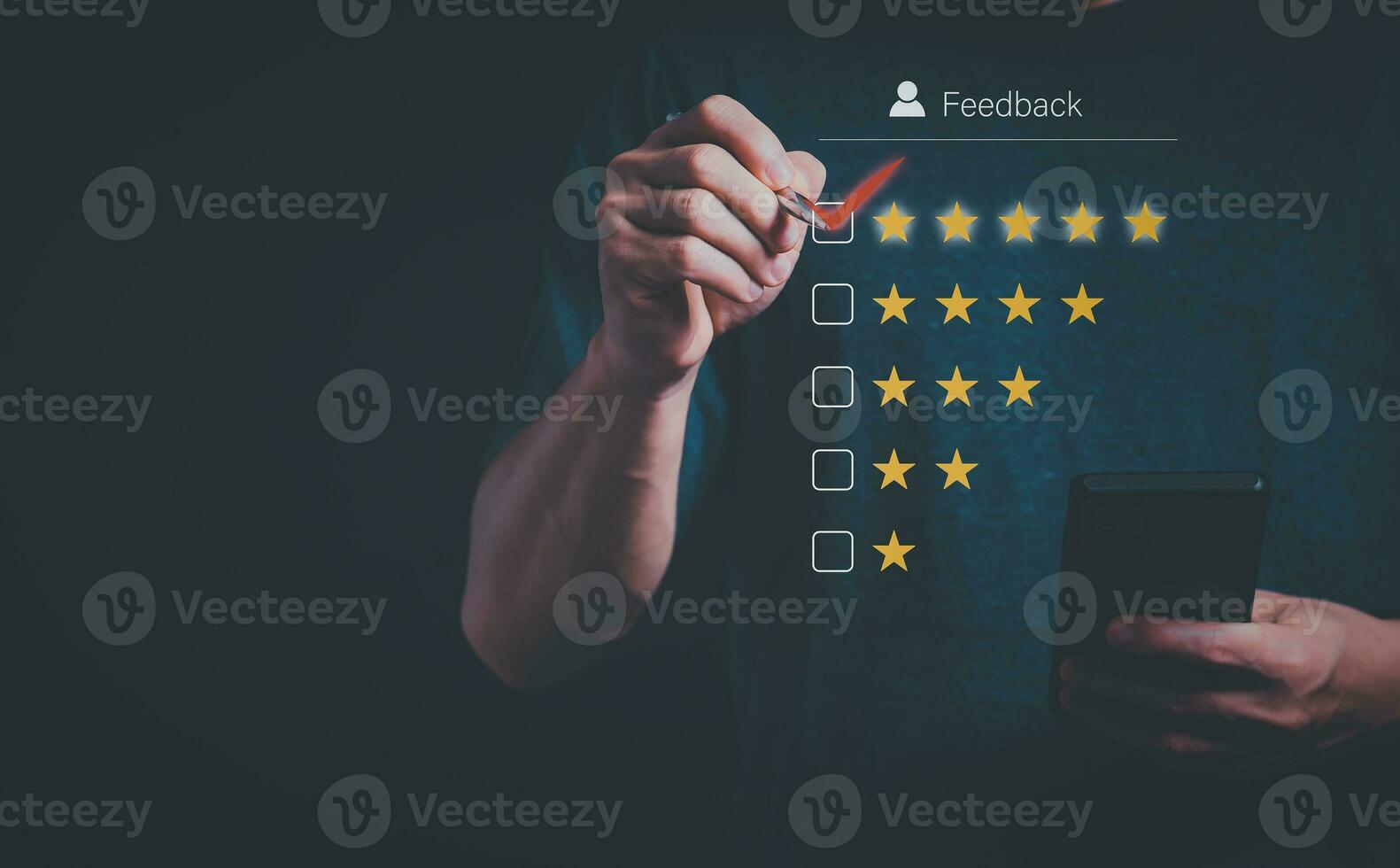 Satisfaction survey concept and customer service, using digital media technology, questionnaire, and rating satisfaction, rating satisfaction five stars, searching for information, online marketing photo