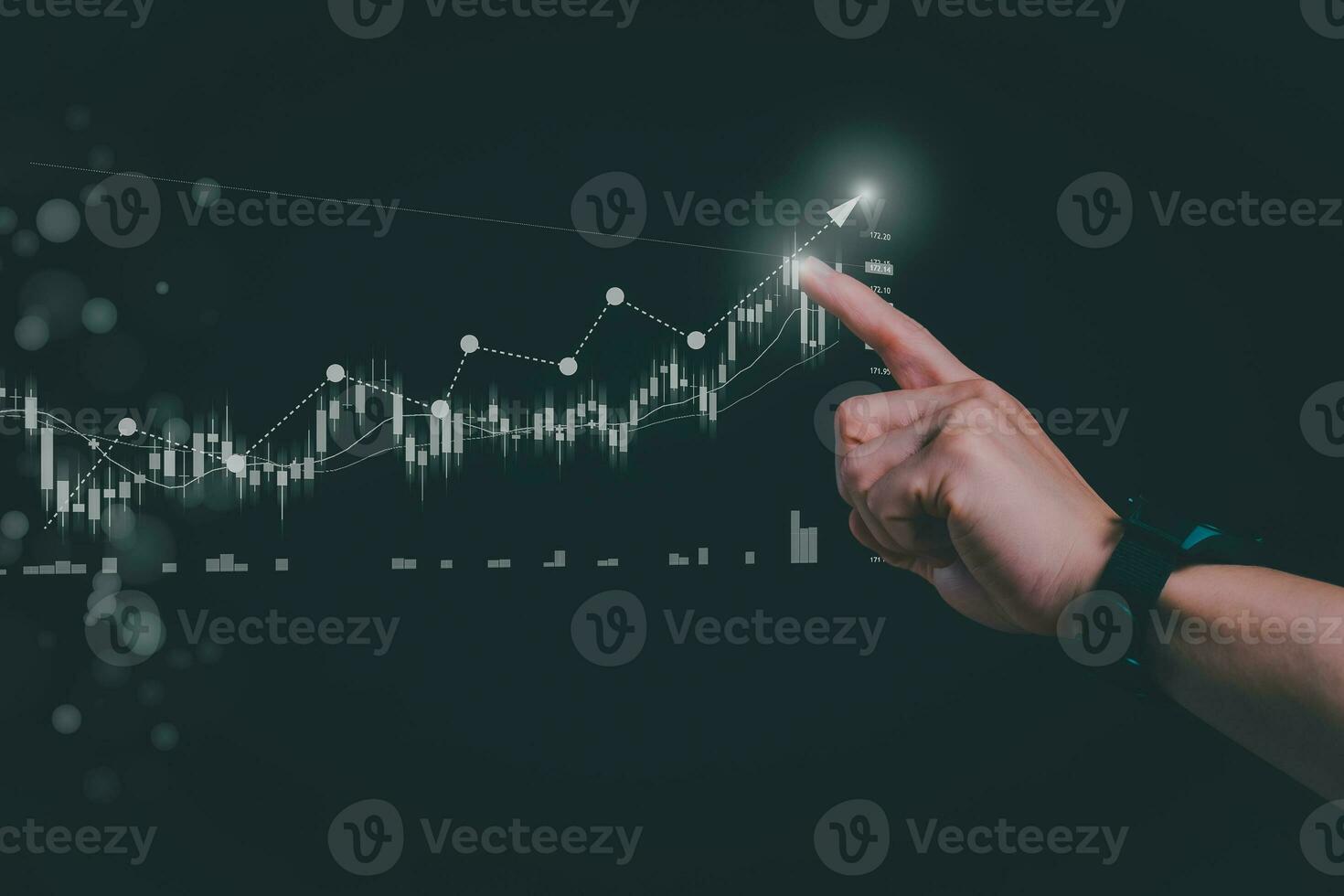 Planning and strategy, stock market, business growth, progress or success concept, businessman or trader showing growing virtual holographic stocks, invest in stock market trading or digital assets photo