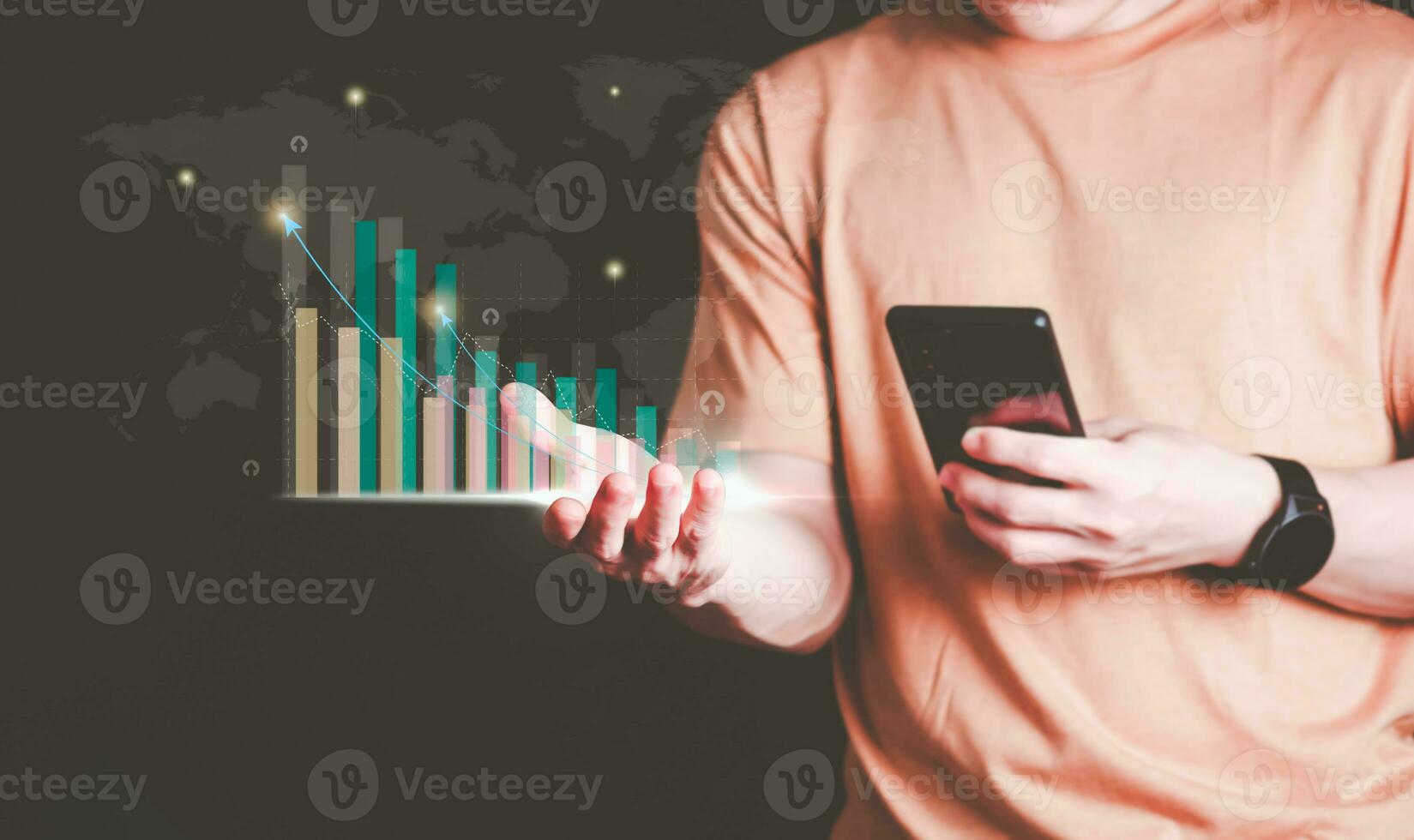 Planning and strategy, stock market, business growth, progress or success concept, businessman or trader showing growing virtual holographic stocks, invest in stock market trading or digital assets photo