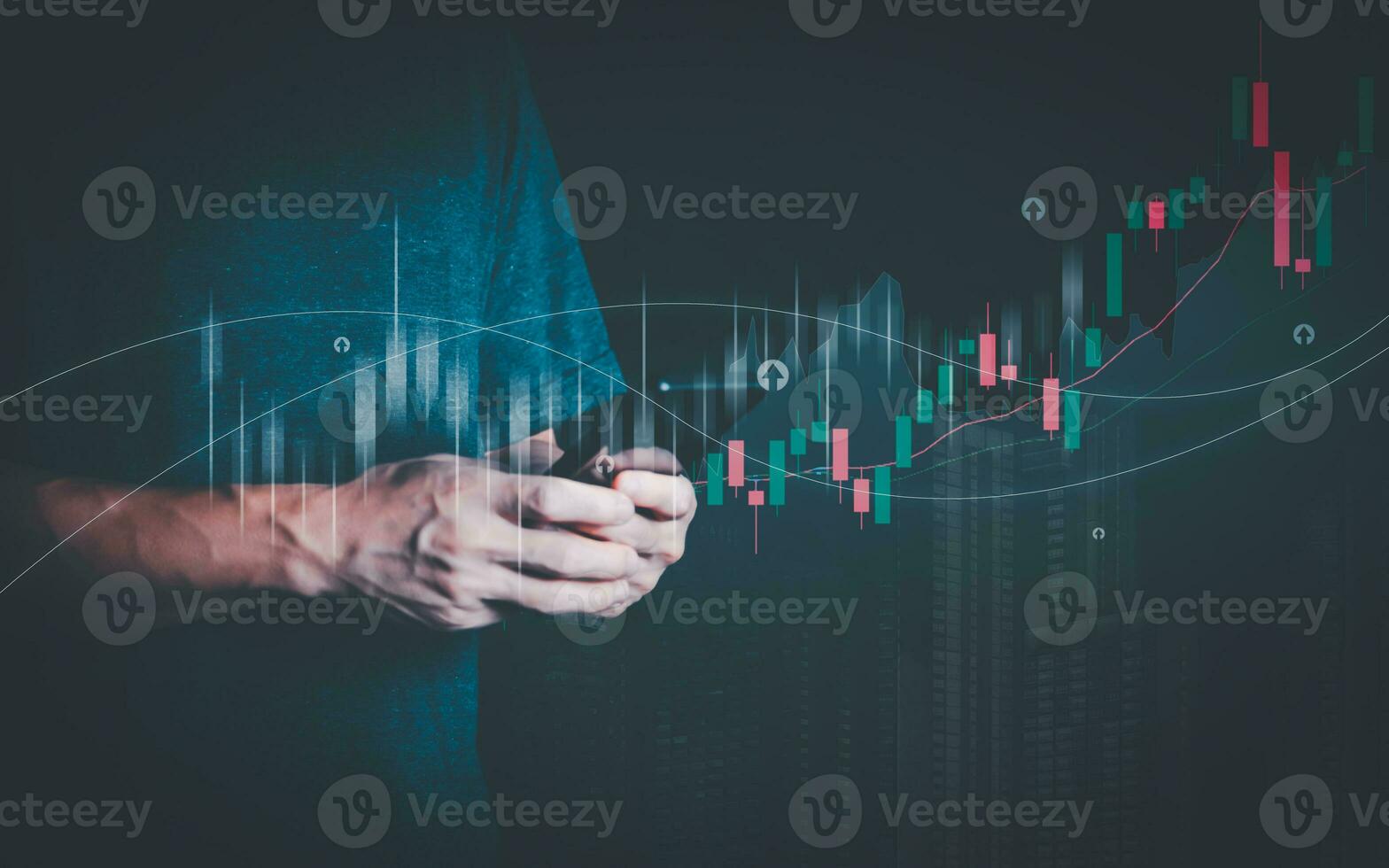 Planning and strategy, stock market, business growth, progress or success concept, businessman or trader showing growing virtual holographic stocks, invest in stock market trading or digital assets photo