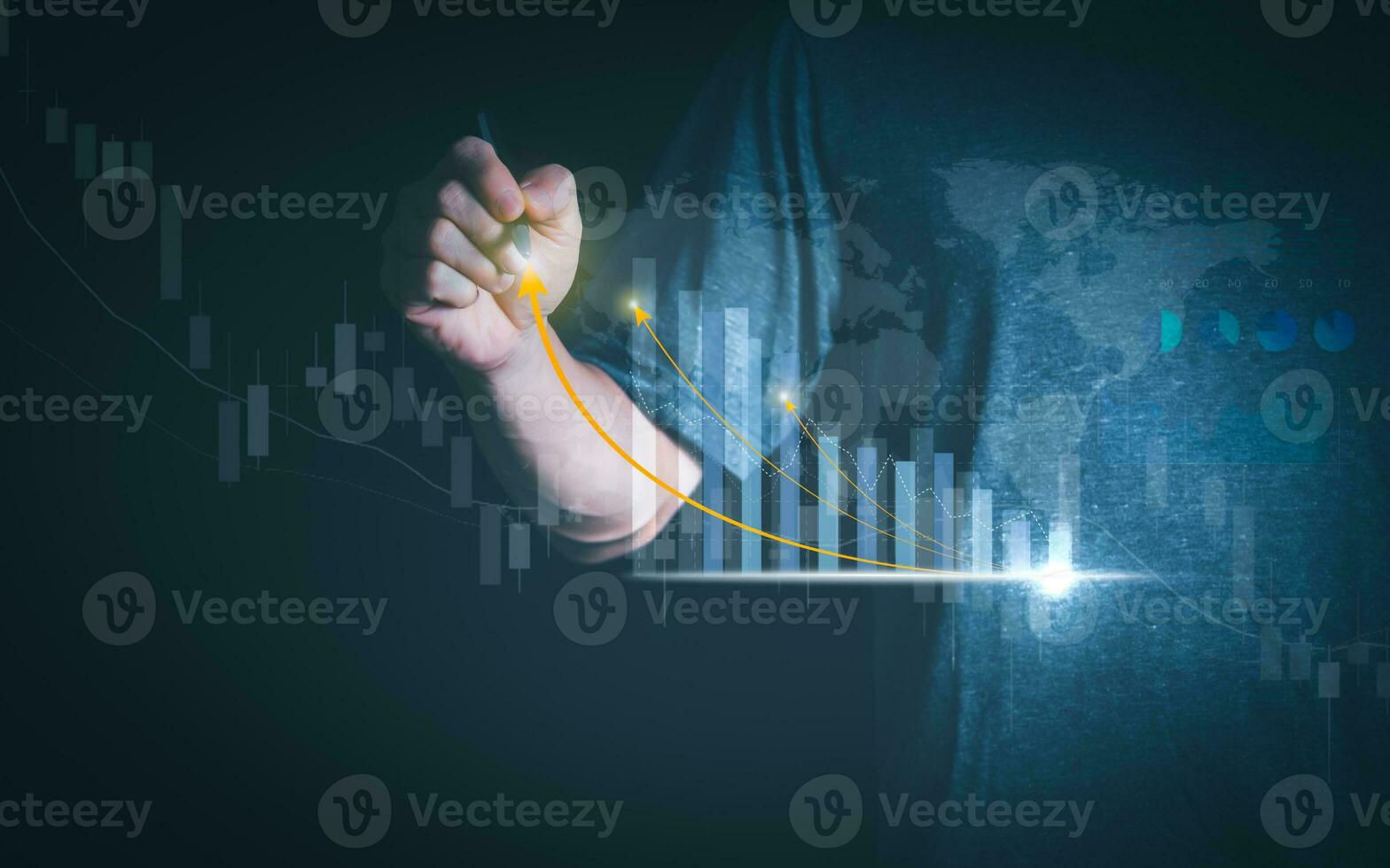 Planning and strategy, stock market, business growth, progress or success concept, businessman or trader showing growing virtual holographic stocks, invest in stock market trading or digital assets photo