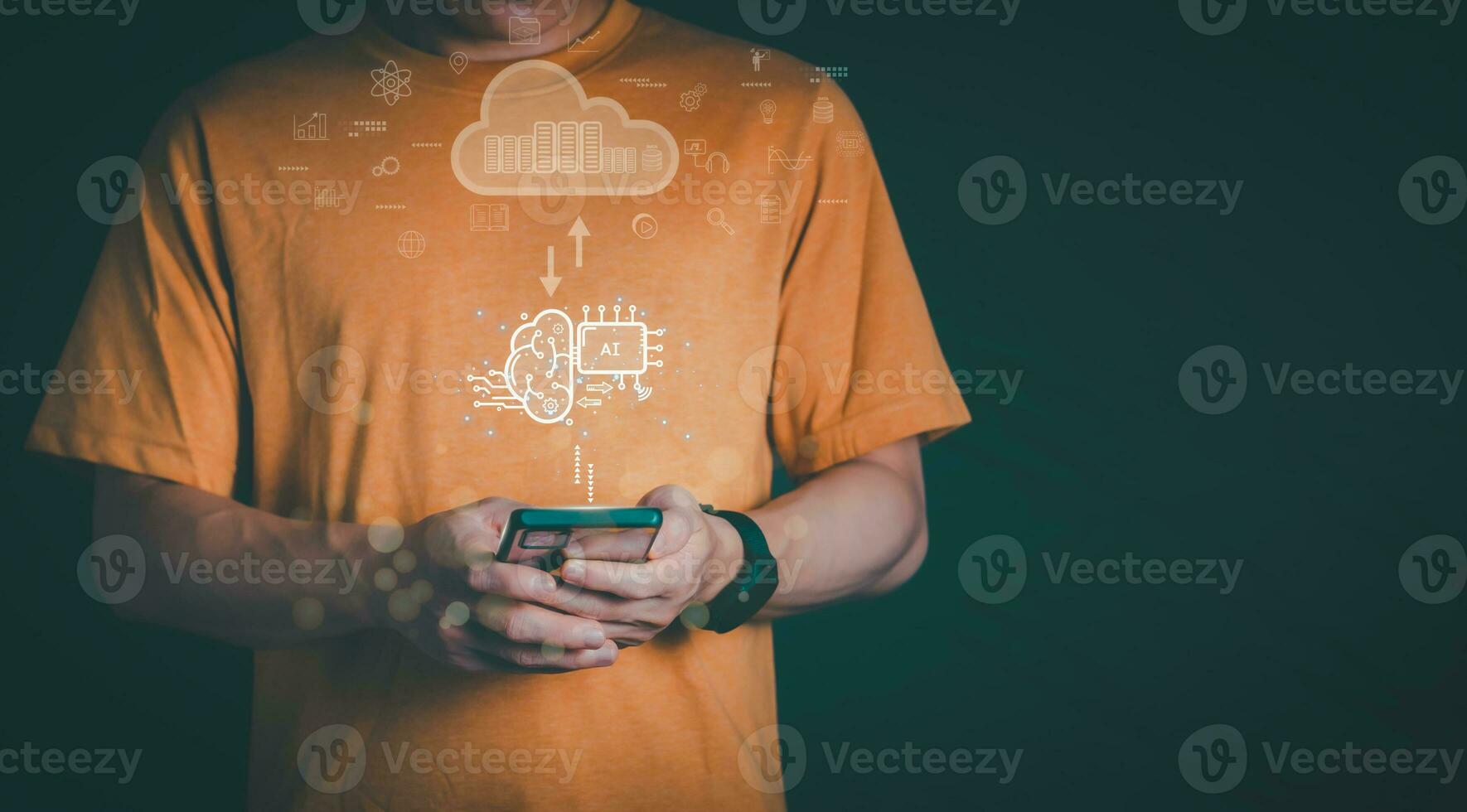 the person touching the virtual screen to use input commands ai, digital transformation management concept Internet of Things, Big Data, Automated Operations, Various Storage, Data Search photo