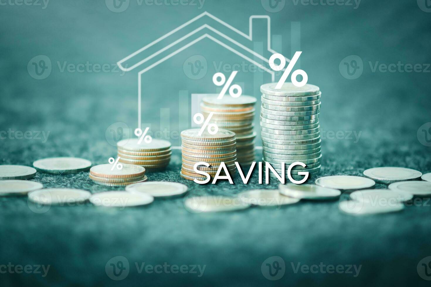 Businessman showing growing real estate savings, planning and strategy Row of coins for finance and business background Progress or successful concept, investing in stock market digital assets photo