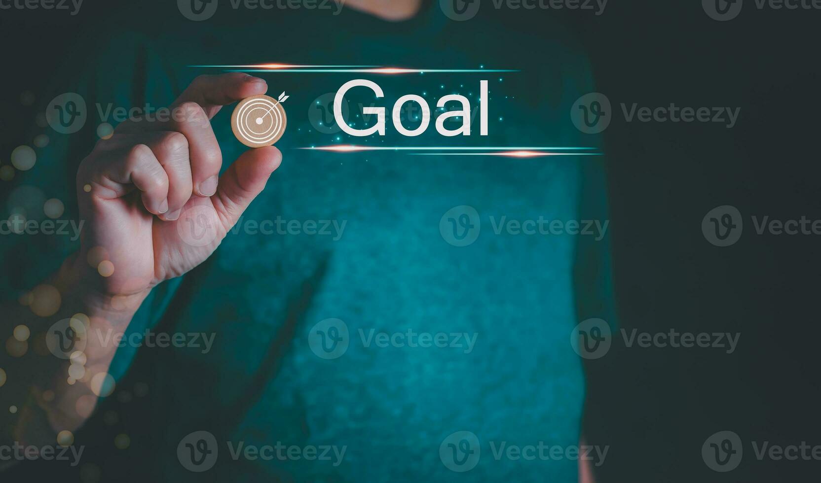The person showing hologram Goal text in hand, progress concept or success concept, global data connection, big data, data search, big data, and business process. photo