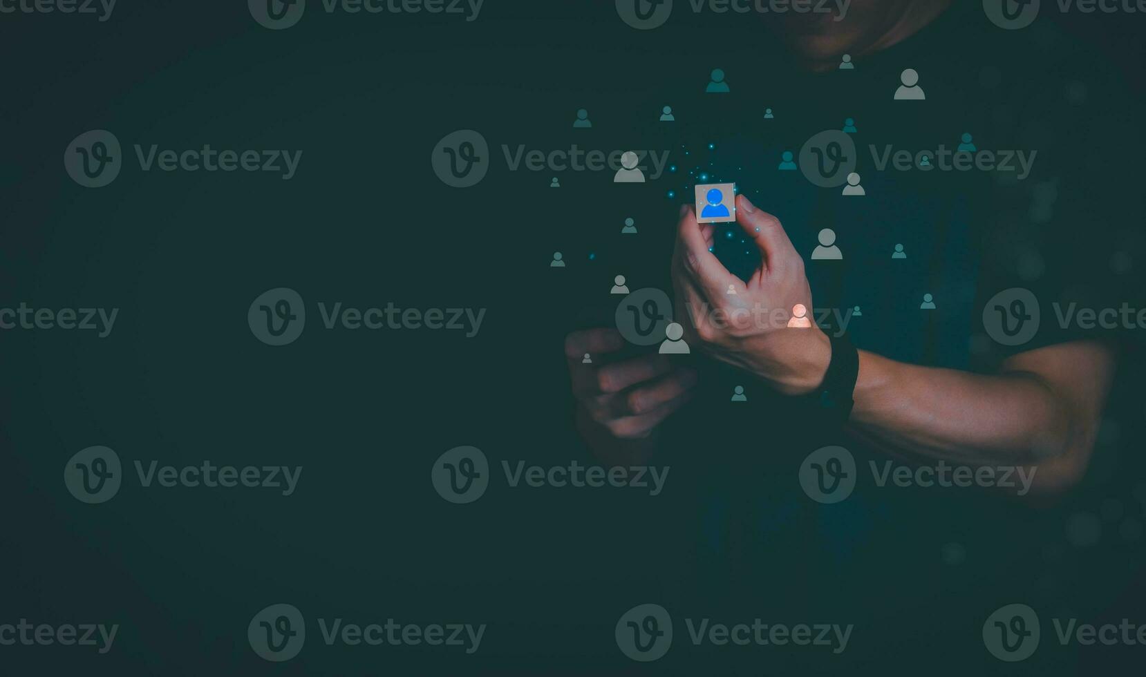 Businessman showing clients on holographic global network structure and the exchange of information, the concept of connecting information around the world with technology internet, digital marketing photo