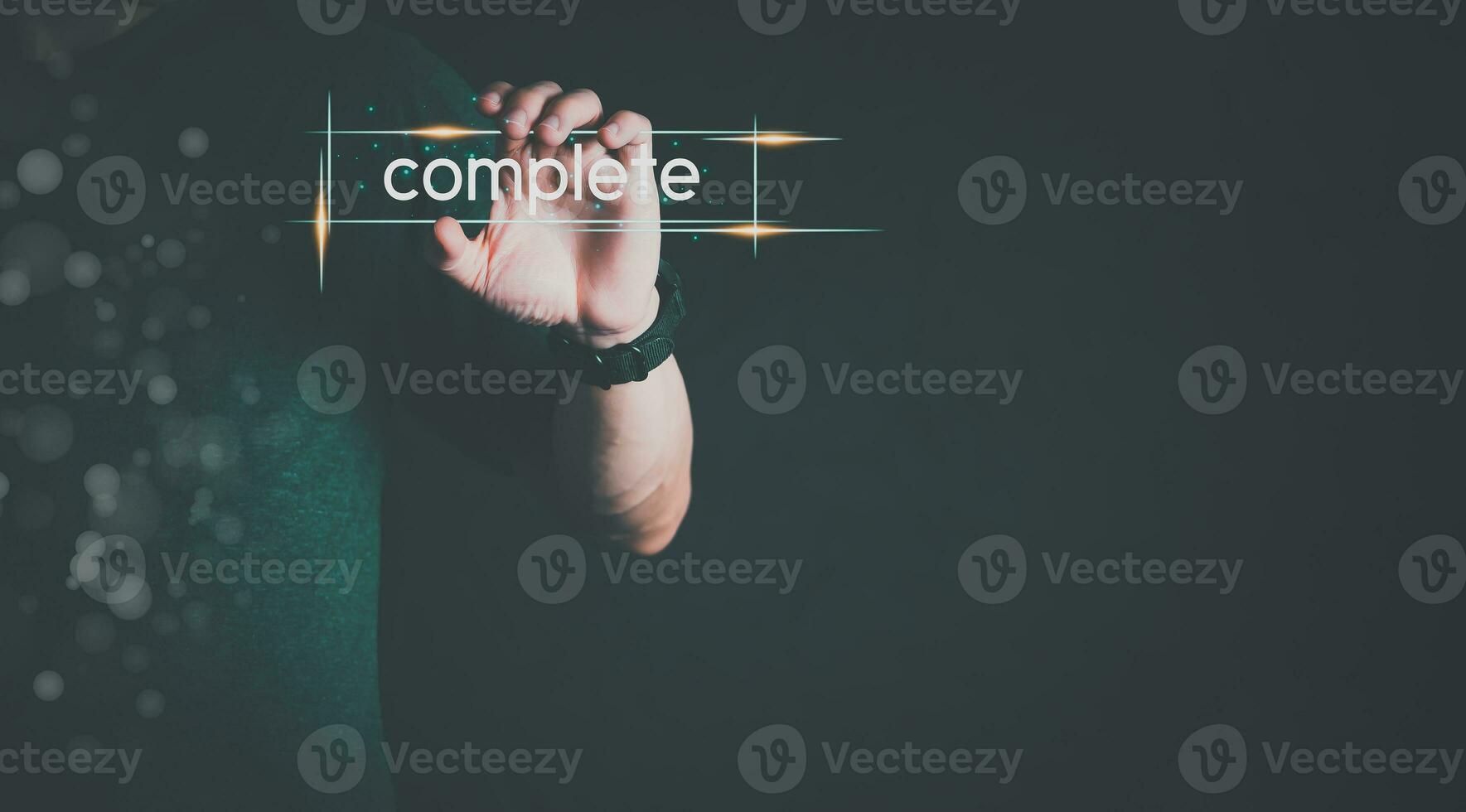 The person showing hologram complete text in hand, progress concept or success concept, global data connection, big data, data search, big data, and business process. photo